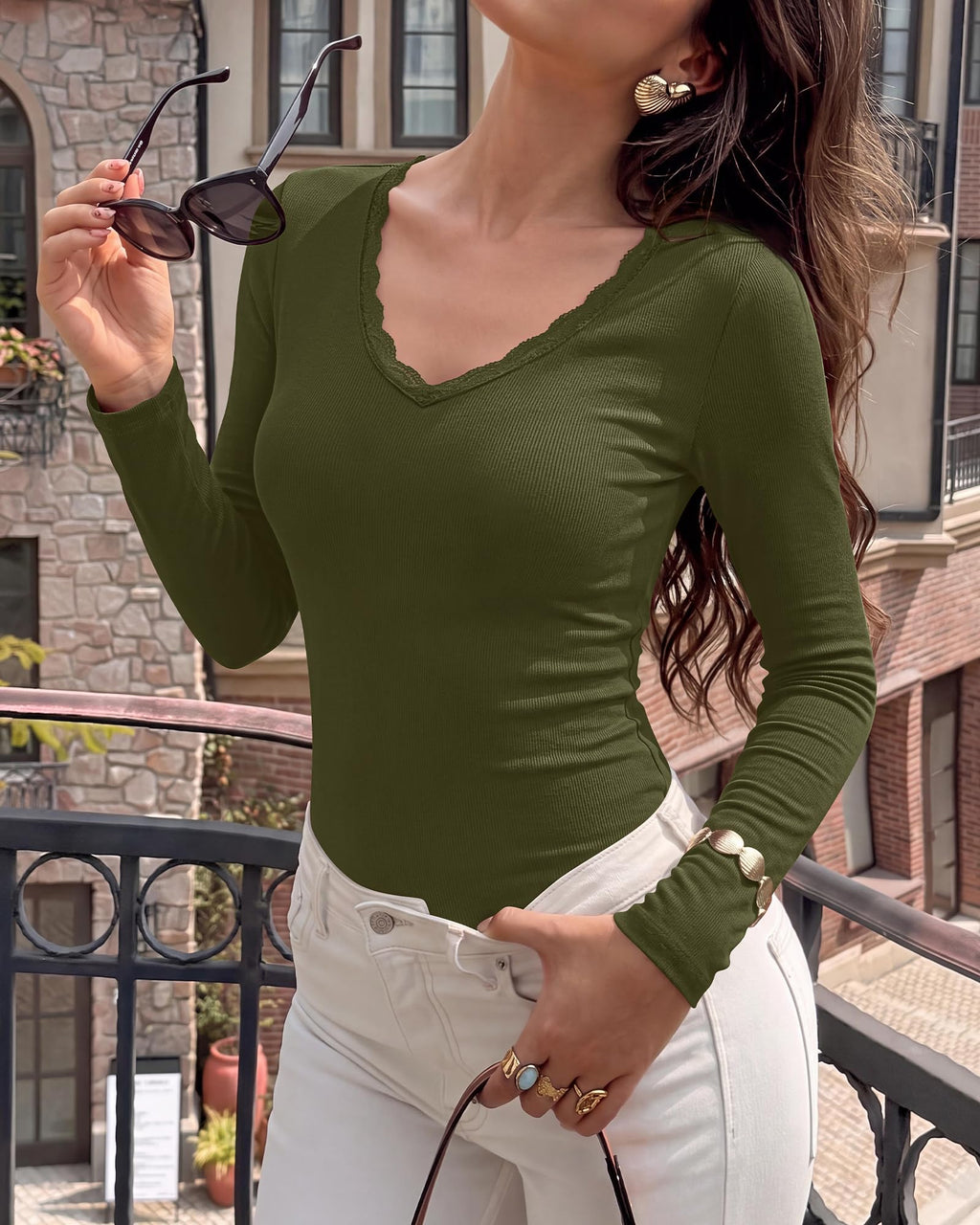 BTFBM Lace Deep V Neck Fitted Long Sleeve Shirts for Women | Womens Fall Fashion, Casual T Shirt, Base Layer, Basic Undershirts, Slim Fit Going Out Tops, Date Night Out Outfits