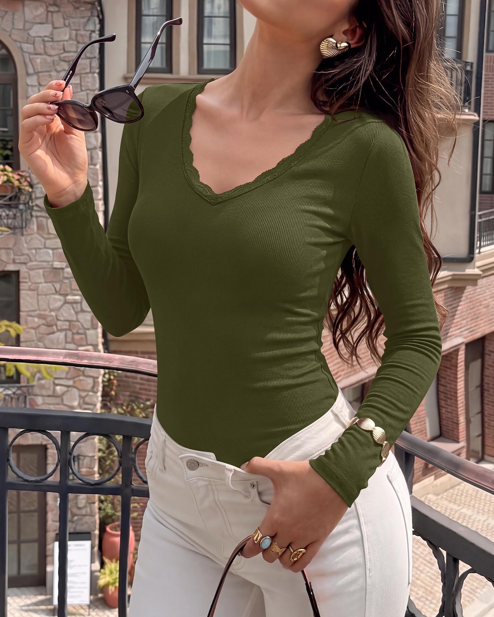 BTFBM Lace Deep V Neck Fitted Long Sleeve Shirts for Women | Womens Fall Fashion, Casual T Shirt, Base Layer, Basic Undershirts, Slim Fit Going Out Tops, Date Night Out Outfits