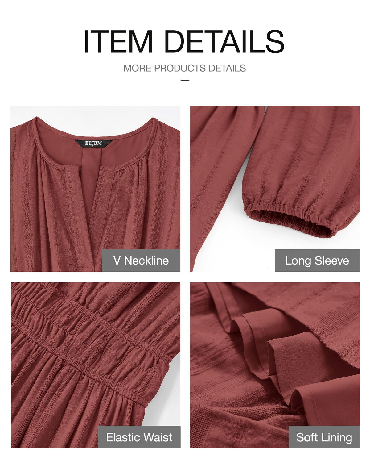 BTFBM Spring Dresses for Women 2026 Casual Long Sleeve V Neck Elastic Waist Lightweight Maxi Wedding Guest Dress Pockets