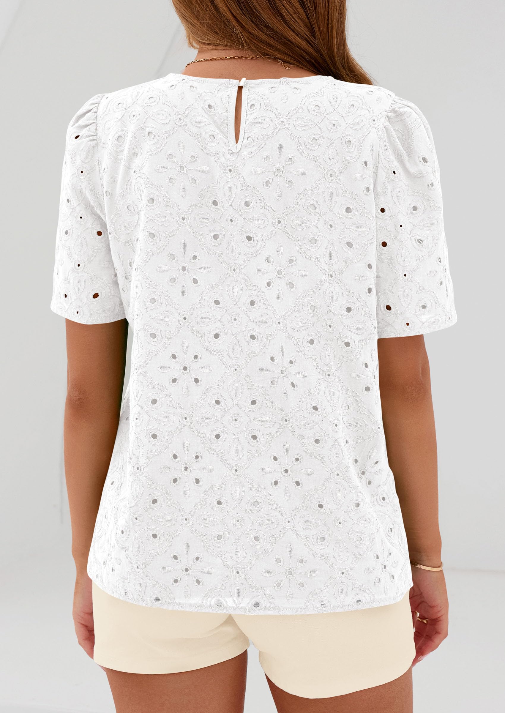 PRETTYGARDEN Women's Puff Short Sleeve Eyelet Shirts Summer Lace Blouses Dressy Casual Work Tops Spring Teacher Clothes
