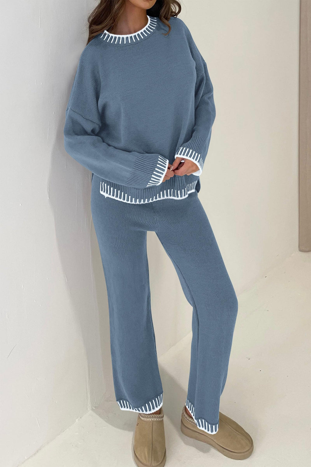 PRETTYGARDEN Women's 2 Piece Knit Sweater Outfit Casual Long Sleeve Pullover Wide Leg Pants Tracksuit Loungewear Set