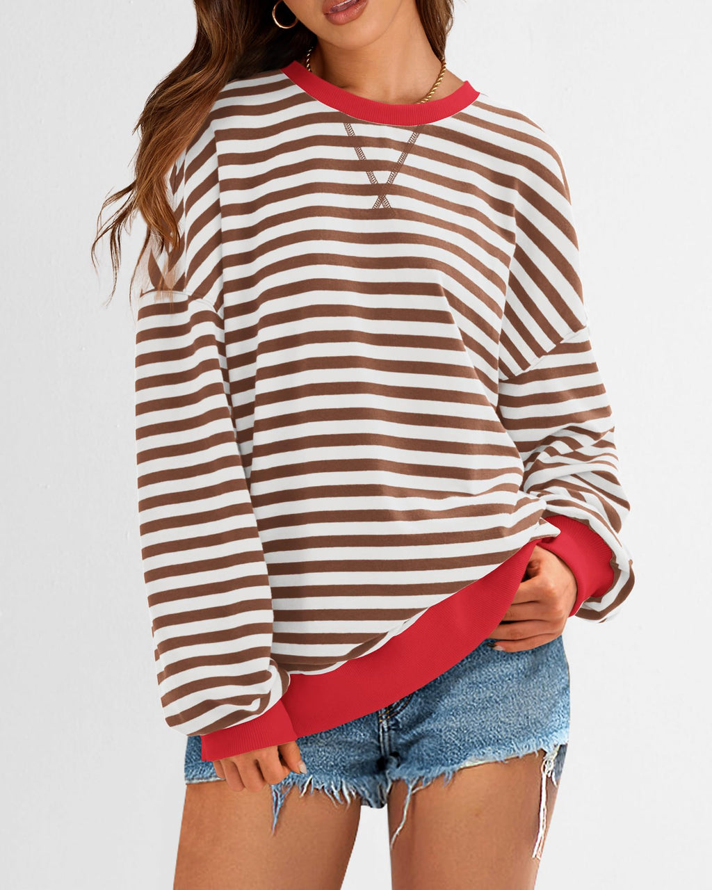 BTFBM Sweatshirt For Women Summer Crewneck Long Sleeve Oversized Striped Pullover Tops Y2K Clothes Workout Shirt