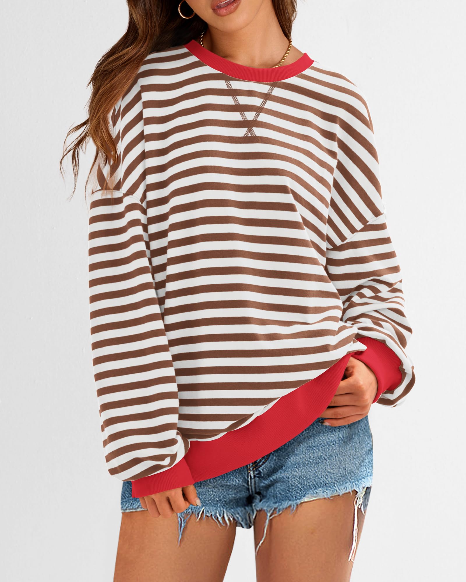BTFBM Sweatshirt For Women Summer Crewneck Long Sleeve Oversized Striped Pullover Tops Y2K Clothes Workout Shirt