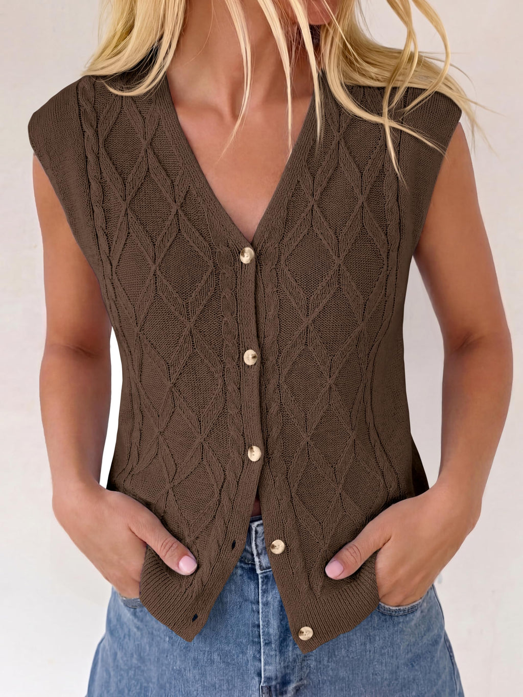 BTFBM Vest Tops for Women Summer V Neck Button Loose Lightweight Cardigan Knit Cap Sleeve Sweater Vests Fashion Clothing