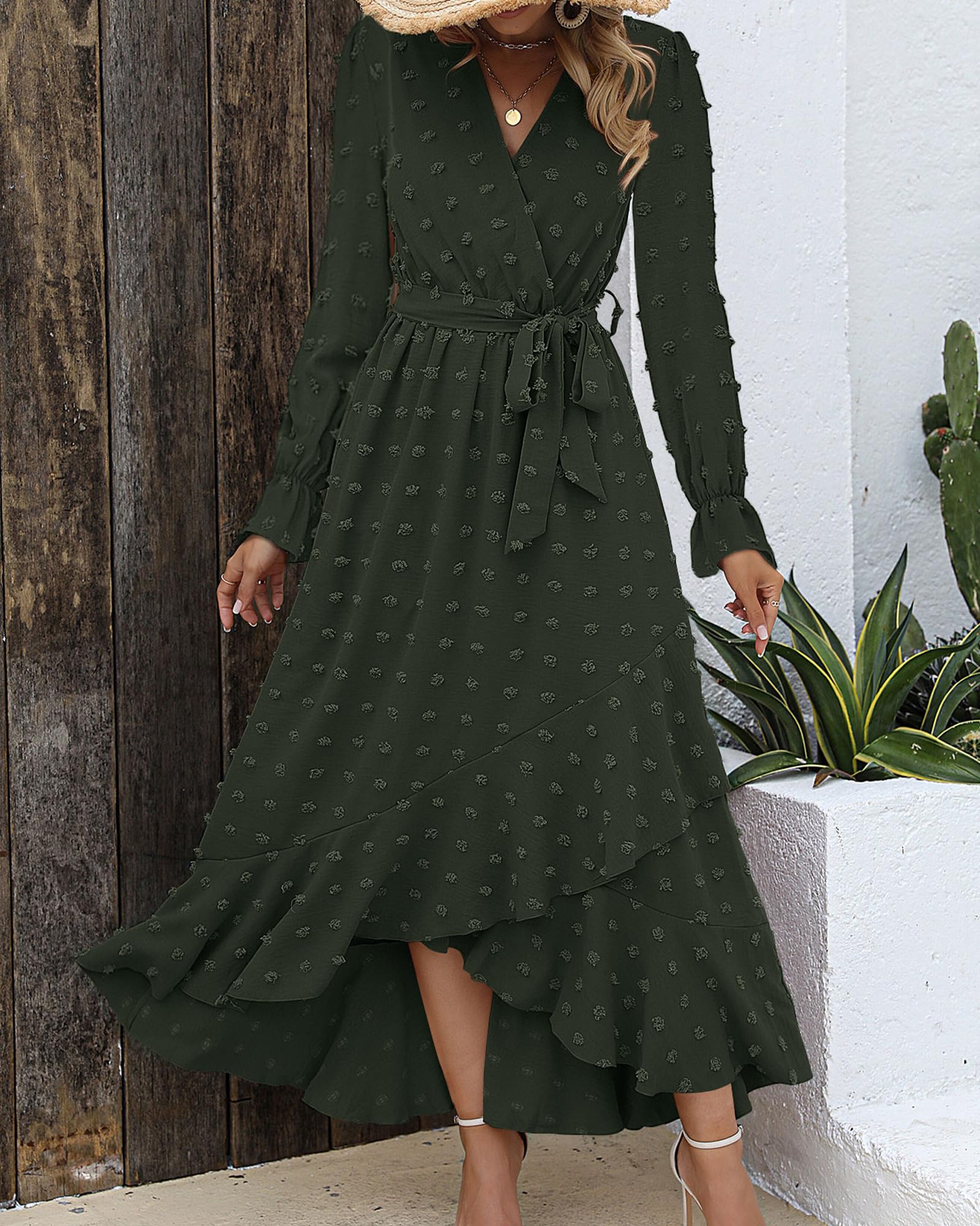 FreshPretty Long Sleeve Maxi Dresses for Women V Neck Swiss Dot Boho Flowy Slit Cocktail Wedding Guest Dress Fall Clothes