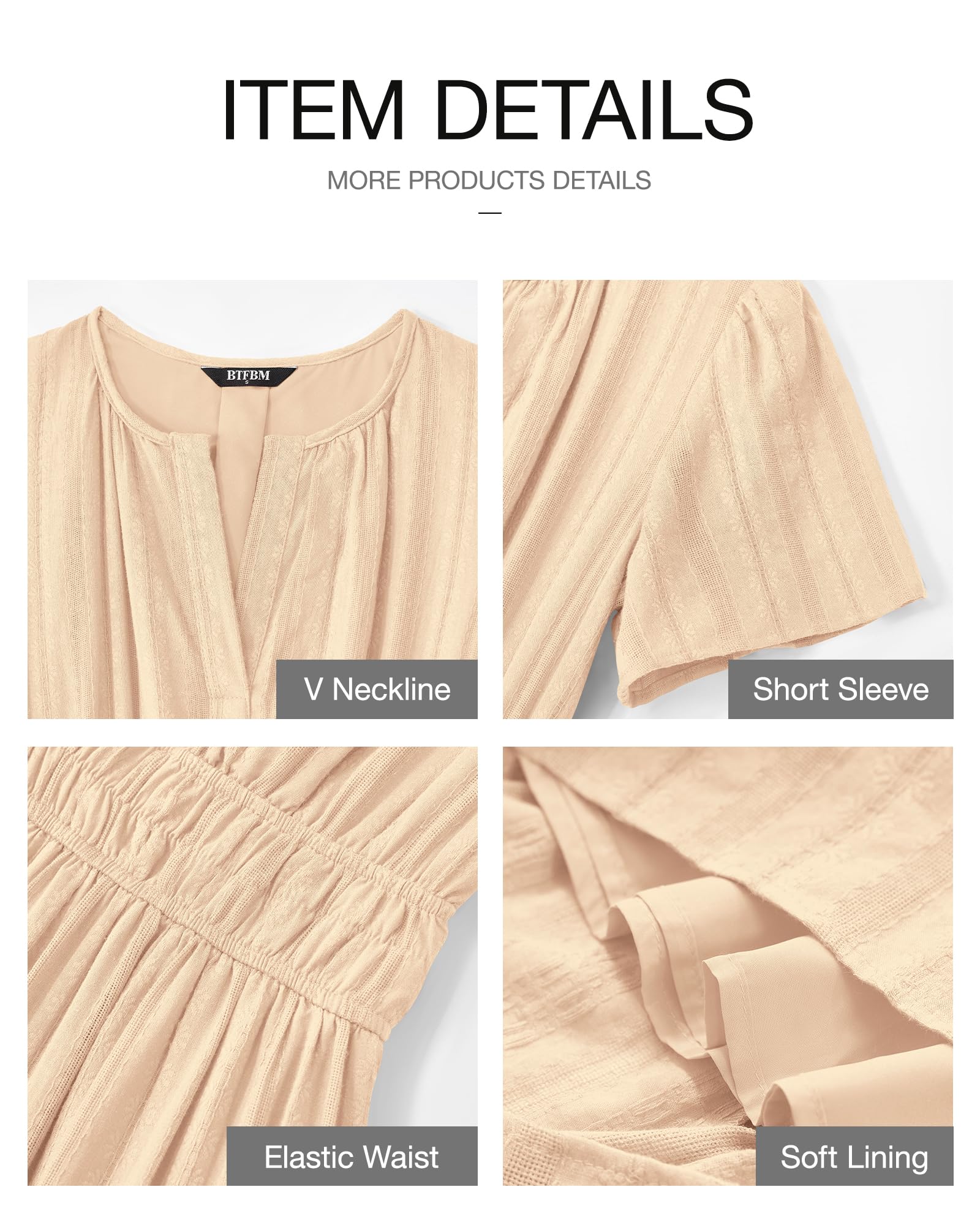 BTFBM Womens Summer Casual Midi Maxi Dresses Lightweight Short Sleeve V Neck Elastic Waist Boho Beach Dress Pockets