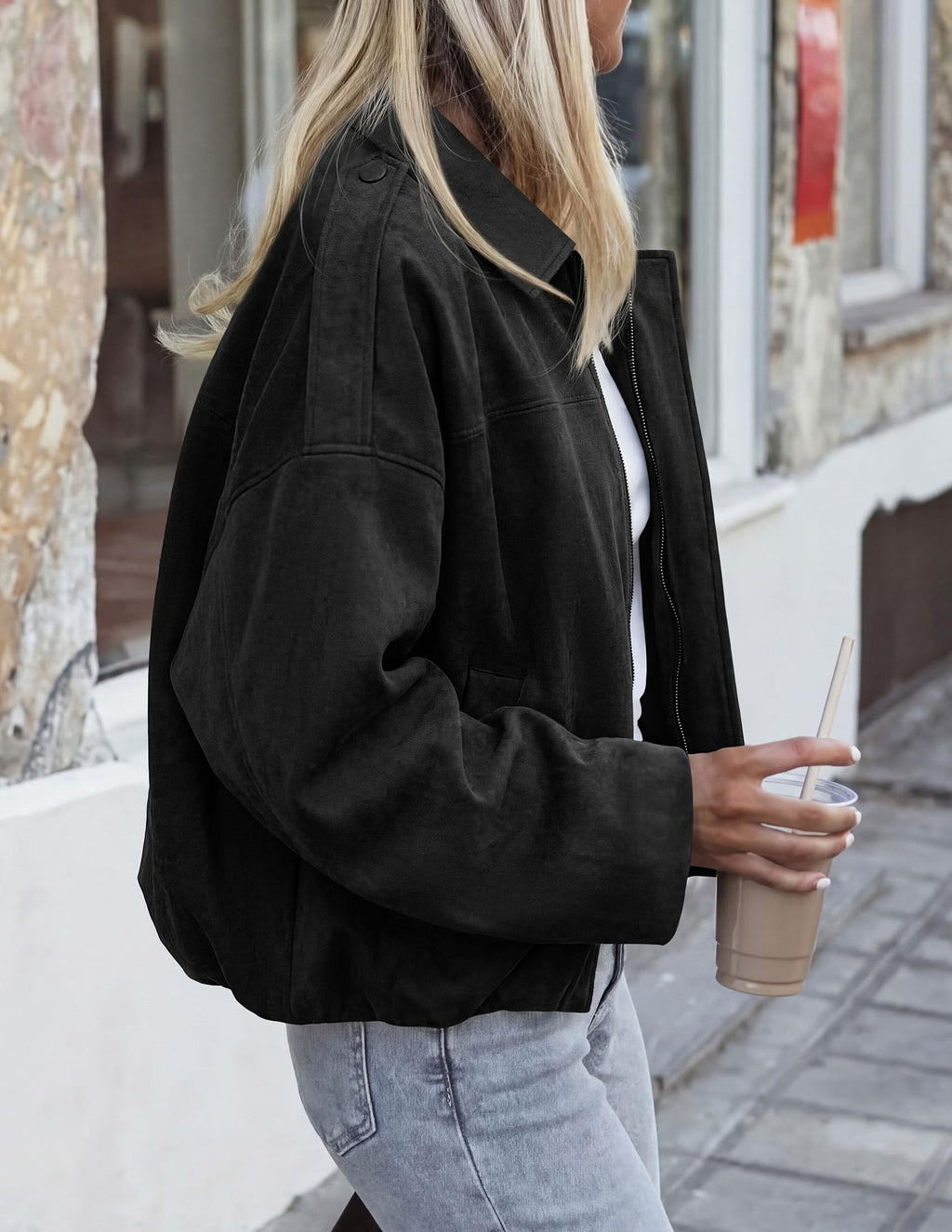 PRETTYGARDEN Women's Faux Suede Cropped Bomber Jacket | Long Sleeve Zip Up Casual Going Out Jackets Coat, Oversized Loose Fit Western Outfits, Trendy Outerwear, Fall Clothes