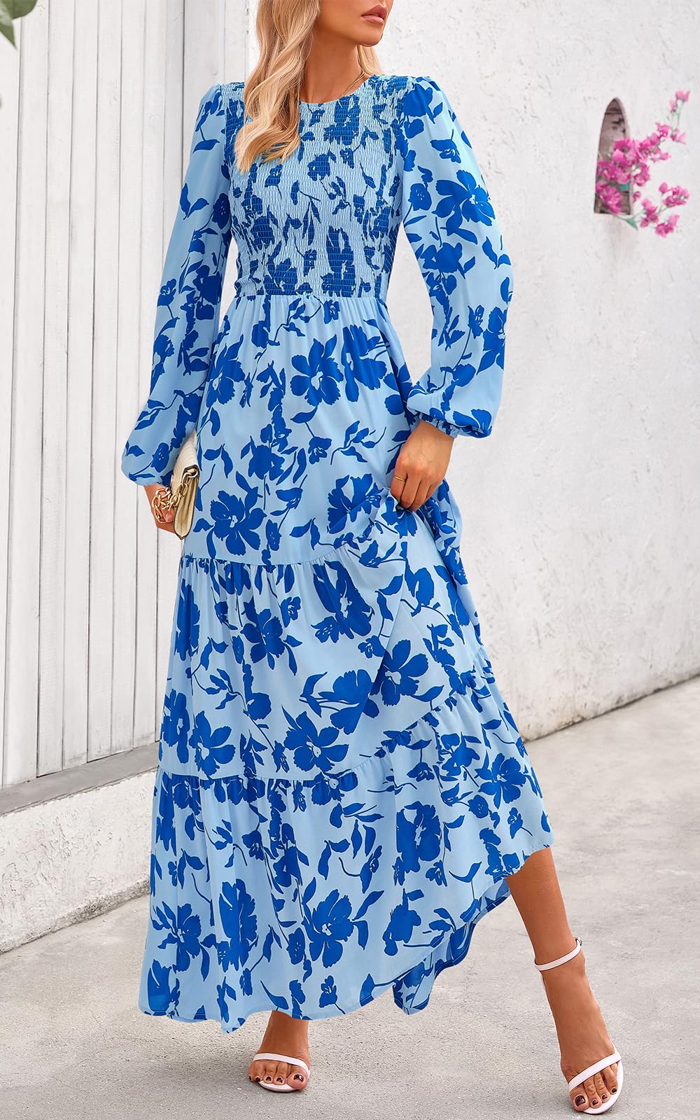 PRETTYGARDEN Women's Fall Dresses Long Sleeve Flowy Casual Floral Maxi Dress Crew Neck Smocked Tiered Long Dress