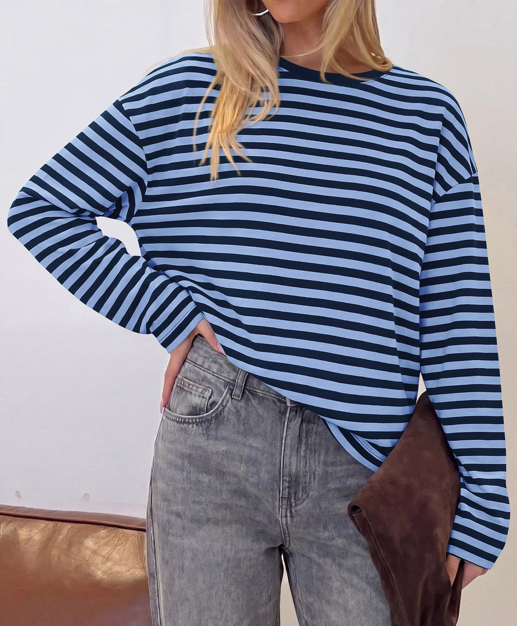 BTFBM Womens Long Sleeve Tops Fall Fashion | Lightweight, Crew Neck, Oversized Striped Shirt Women, Y2k Clothes, Vacation Travel Outfits, Going Out Top, Winter Layering