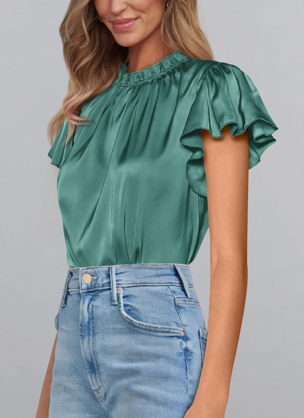 PRETTYGARDEN Business Casual Tops for Women Blouses Dressy  Summer Short Sleeve Ruffle Satin Work Office Attire
