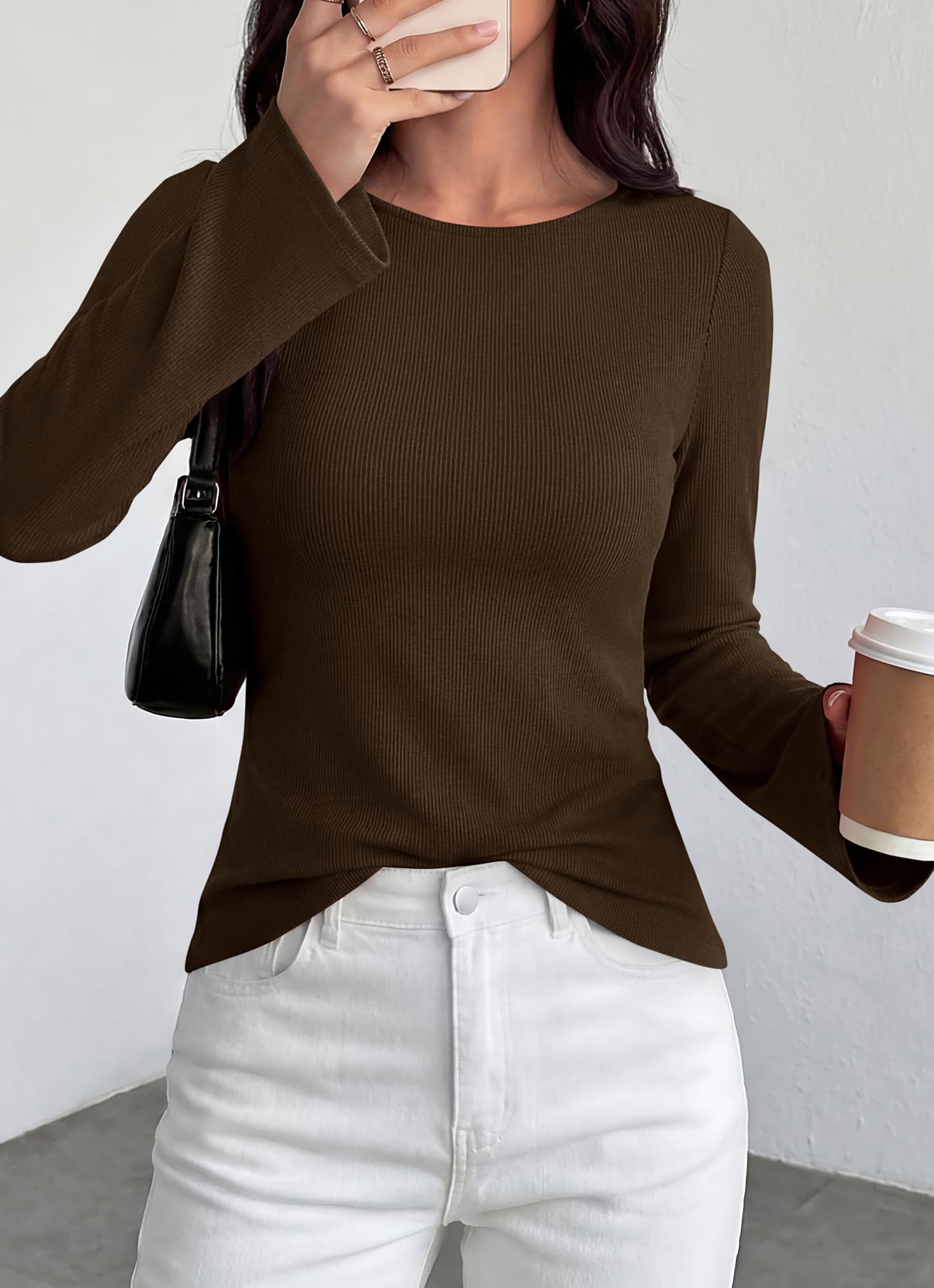 BTFBM Long Sleeve Shirts for Women Spring Y2K Clothes Casual Boat Neck Bell Sleeve Fitted Fall Going Out Tops