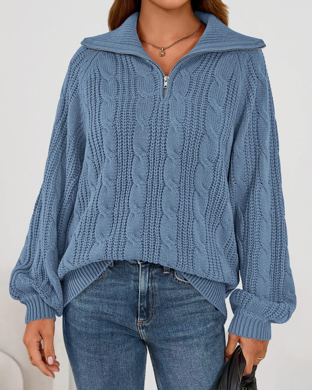 BTFBM Sweaters for Women Fall Fashion Loose Quarter Zip Pullover Collared Long Sleeve Cable Knit Winter Clothes