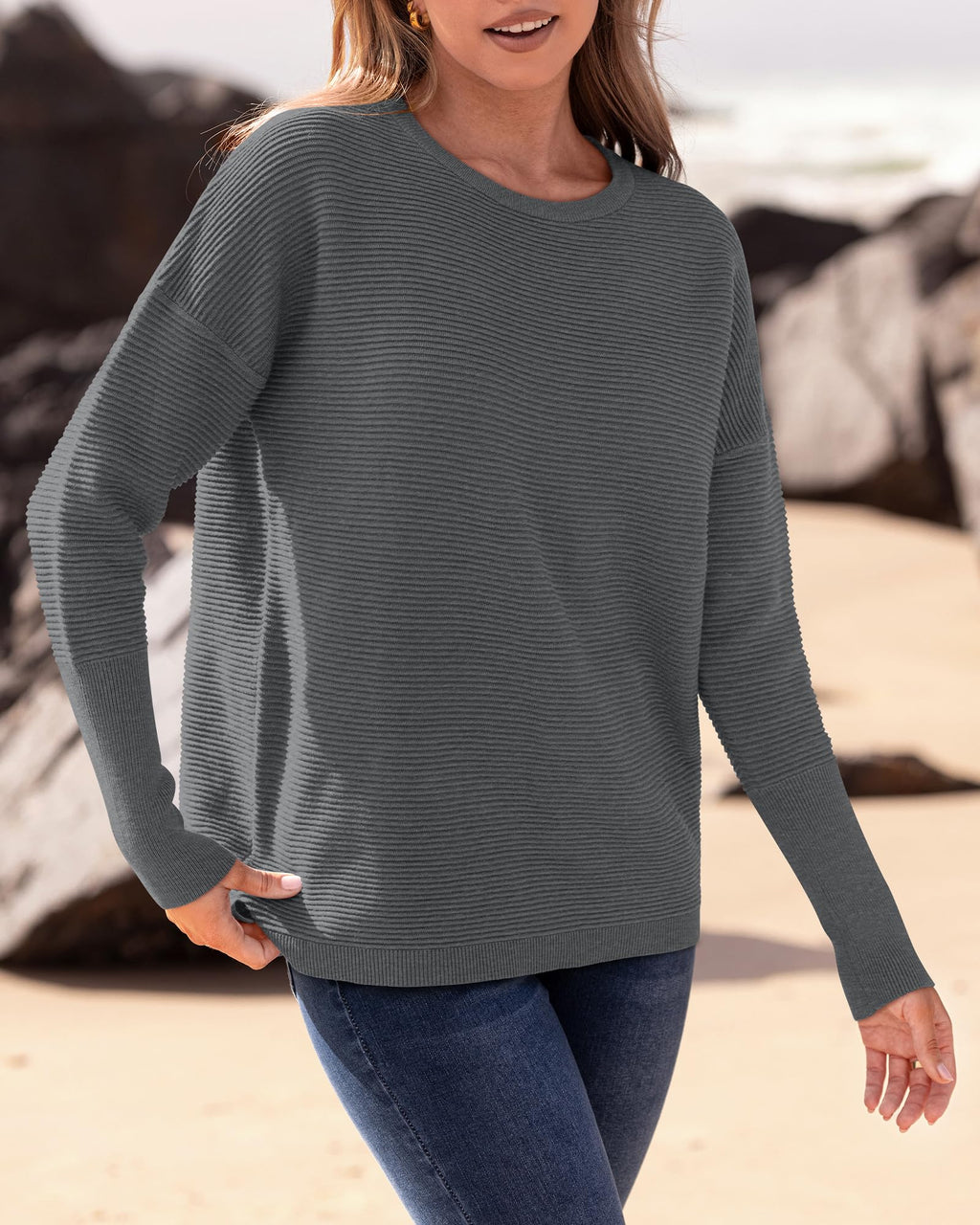 FreshPrettyFall Sweaters for Women Casual Long Sleeve Sweater Striped Loose Fit Pullover Tops