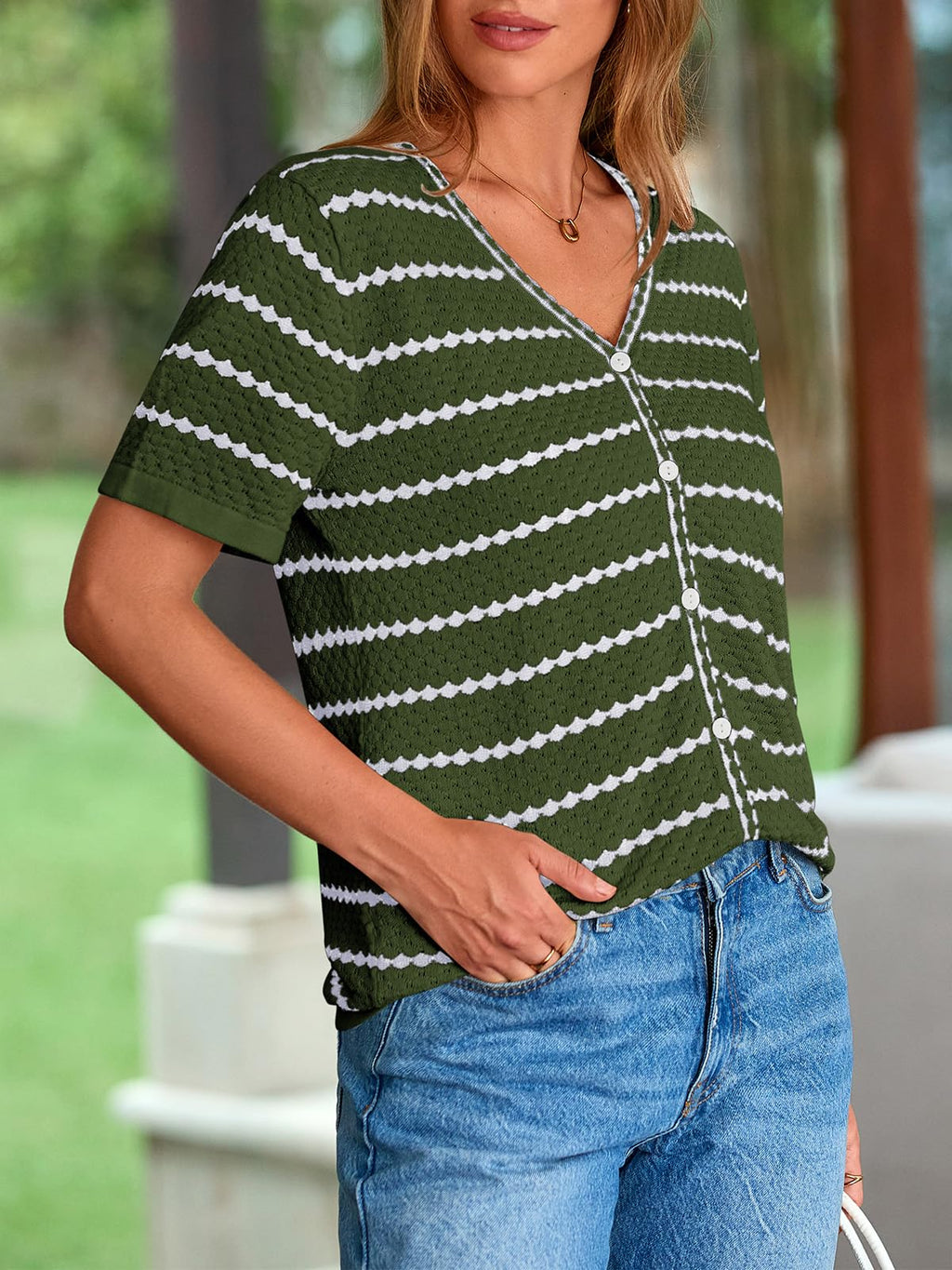 FreshPretty Women's Short Sleeve Sweater Spring Summer Crochet Knit Tops V Neck Striped Button Down Dressy Casual Blouses