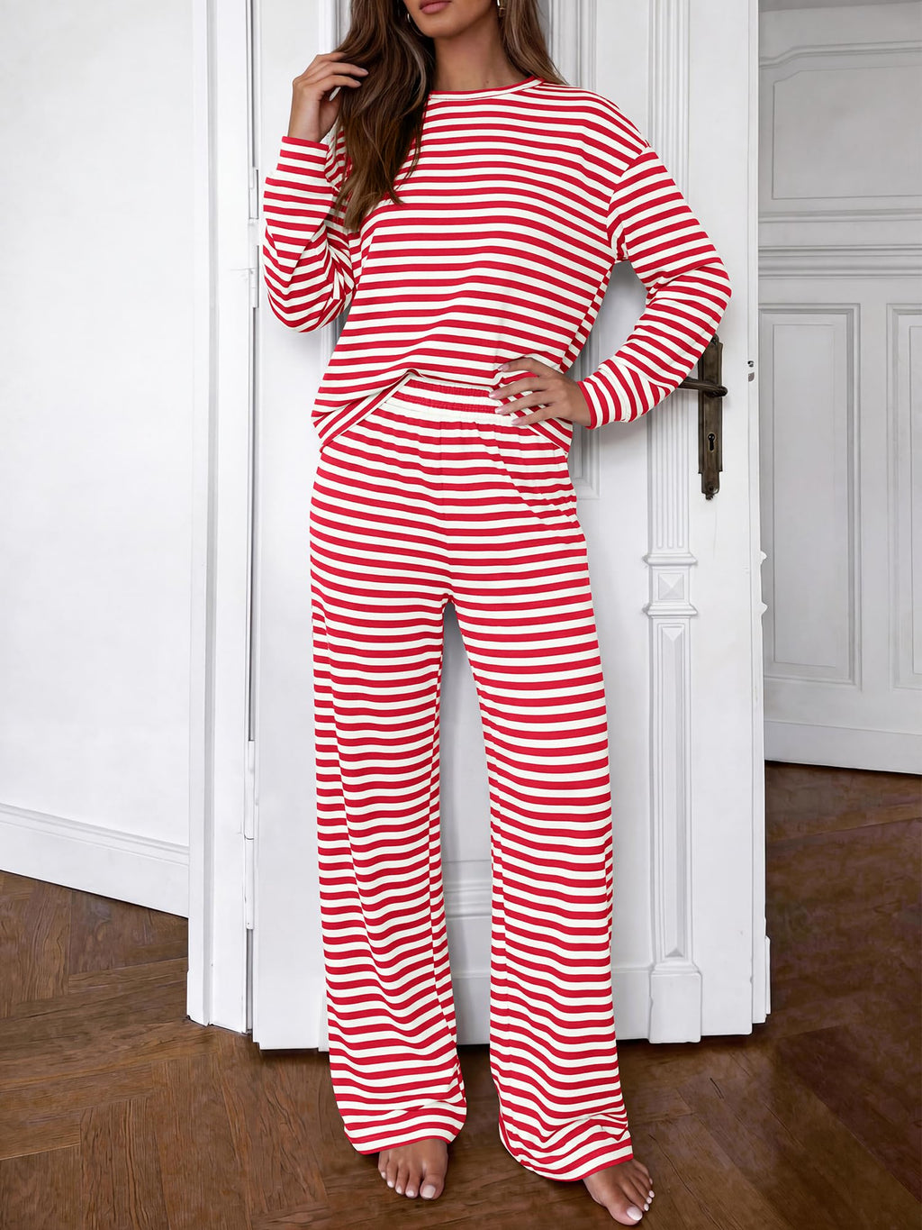 BTFBM Striped Lounge Set Sweatsuits Women 2 Piece Outfit | Womens Pajama Sets, Crew Neck Sweatshirt and Wide Leg Pants, Pockets, Airport, Travel, Vacation Outfits, Fall Winter Clothes