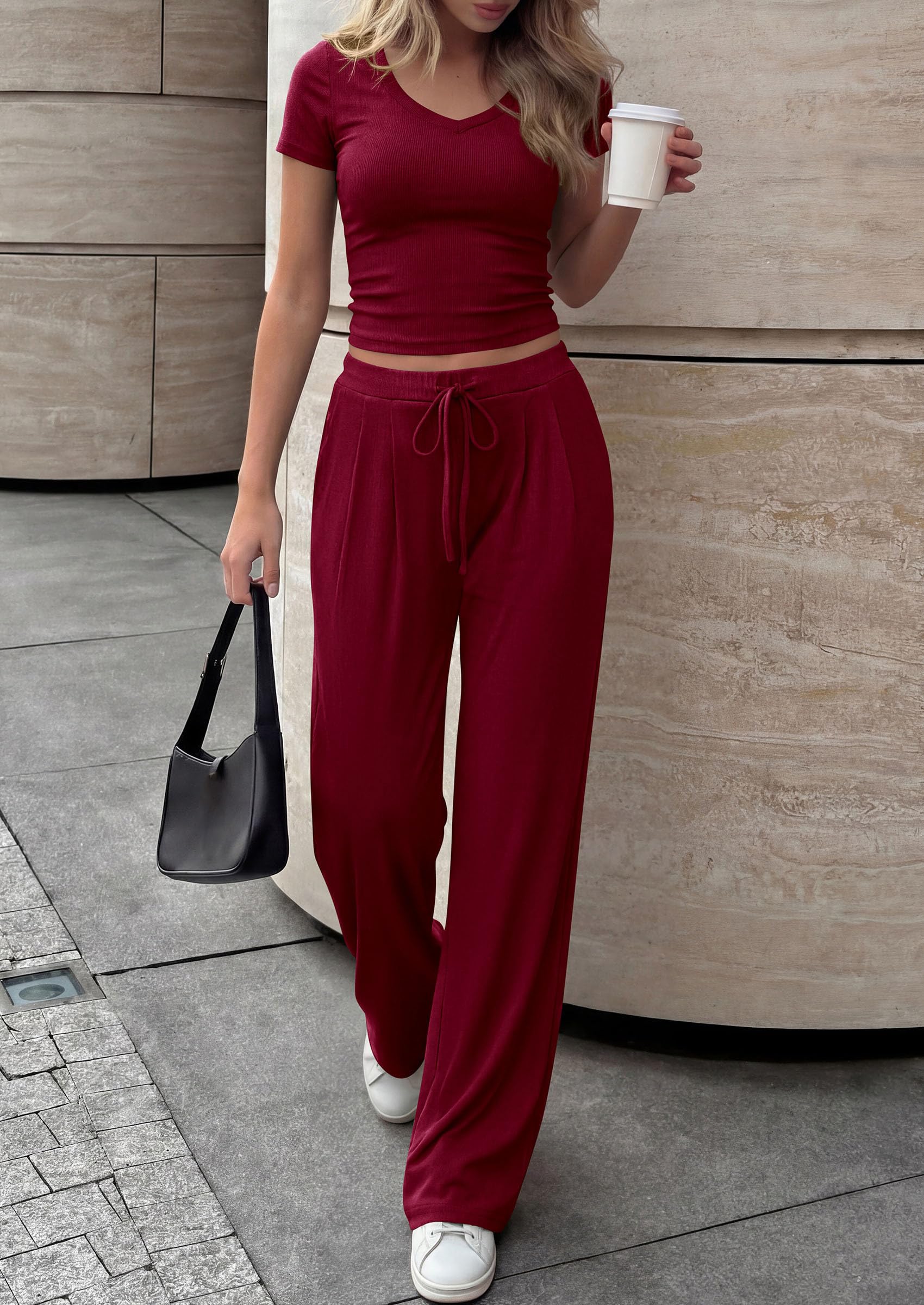 PRETTYGARDEN 2 Piece Sets for Women Summer Spring Lounge Set Matching V Neck Tops Wide Leg Pants Airport Travel Outfits