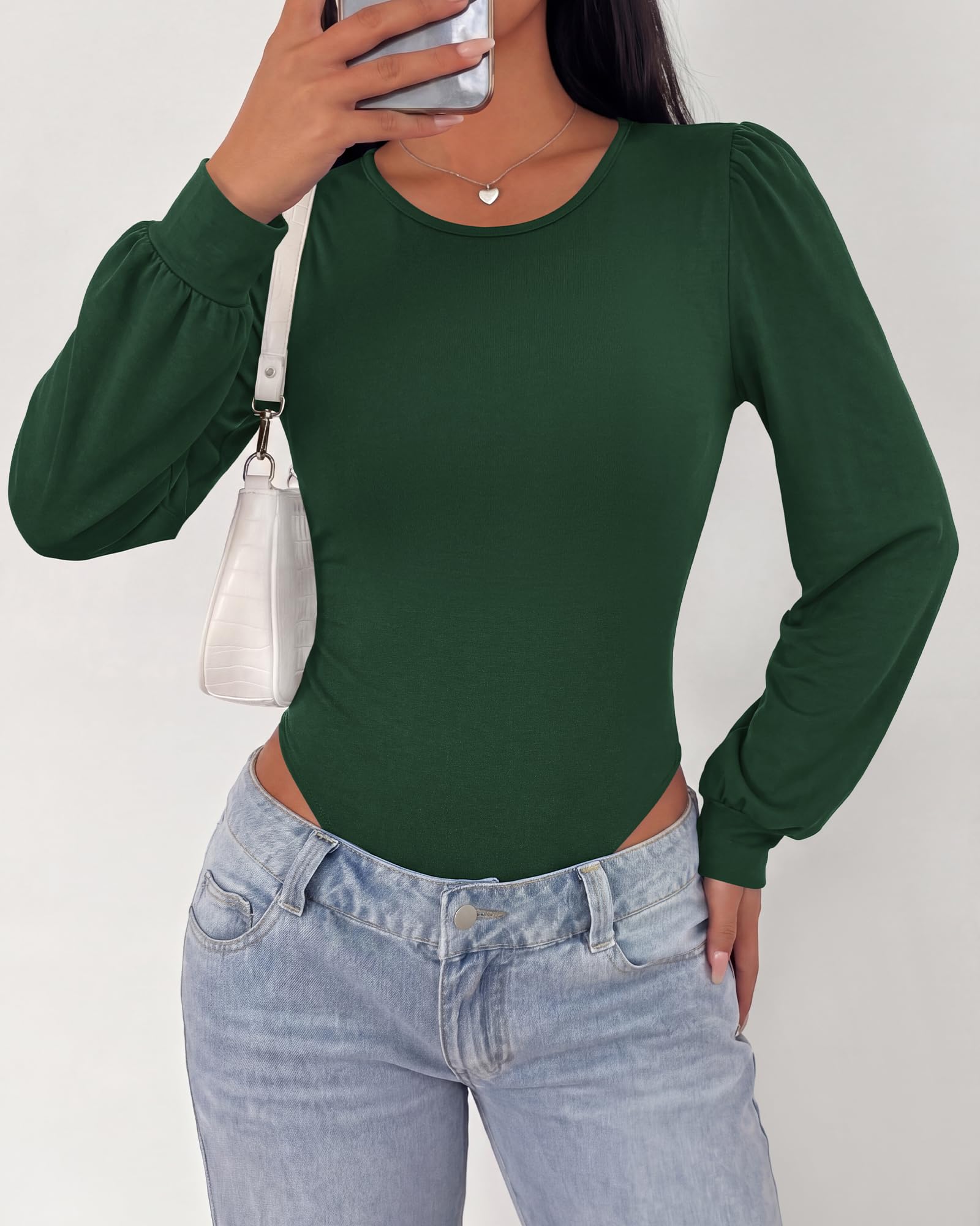 BTFBM Long Puff Sleeve Bodysuits for Women | Crew Neck 2 Snap Crotch Thong Shapewear,Stretchy Knit Leotards,Casual Y2K Going Out Tops,Winter Layer,Fall Fashion Clothing