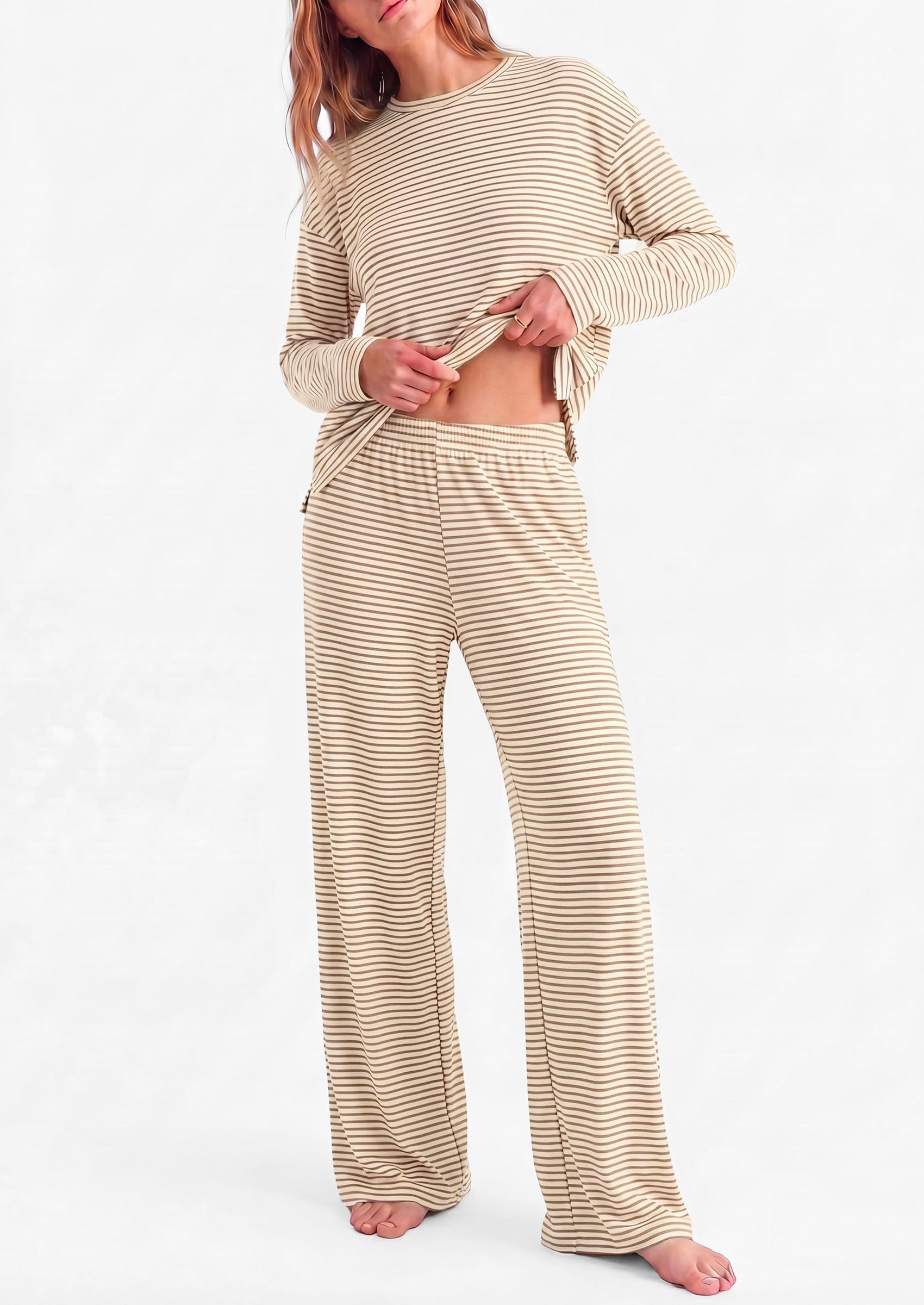 PRETTYGARDEN Womens Striped Lounge Set Fall Winter 2 Piece Sets Side Slit Long Sleeve T-Shirts & Wide Leg Pants, Matching Pajama Sets, Comfy Pj Set, Loungewear with Pockets, Fashion Clothes