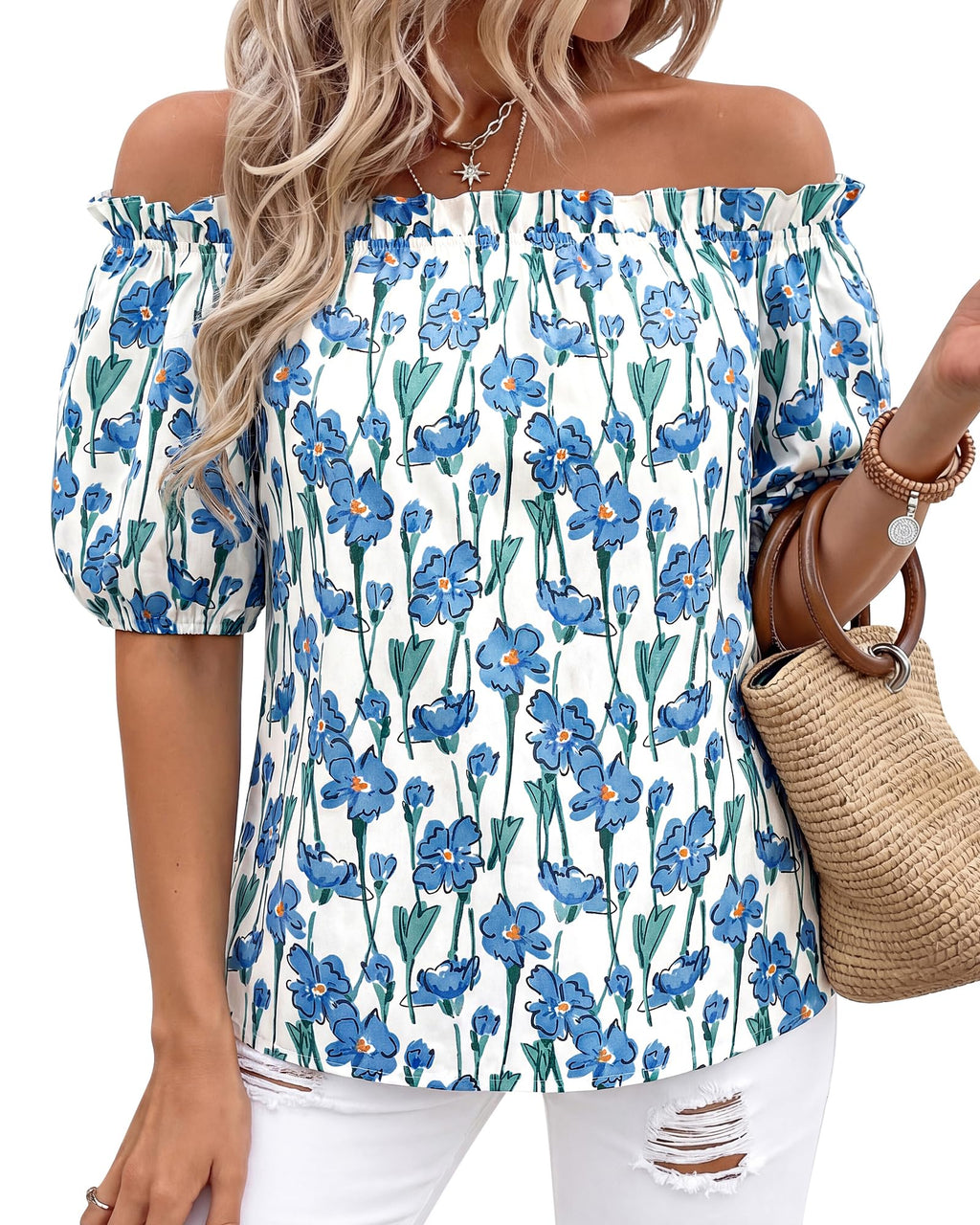 BTFBM Off The Shoulder Spring Tops for Women Summer Blouses Boho Floral Short Sleeve Shirts Dressy Casual Outfits