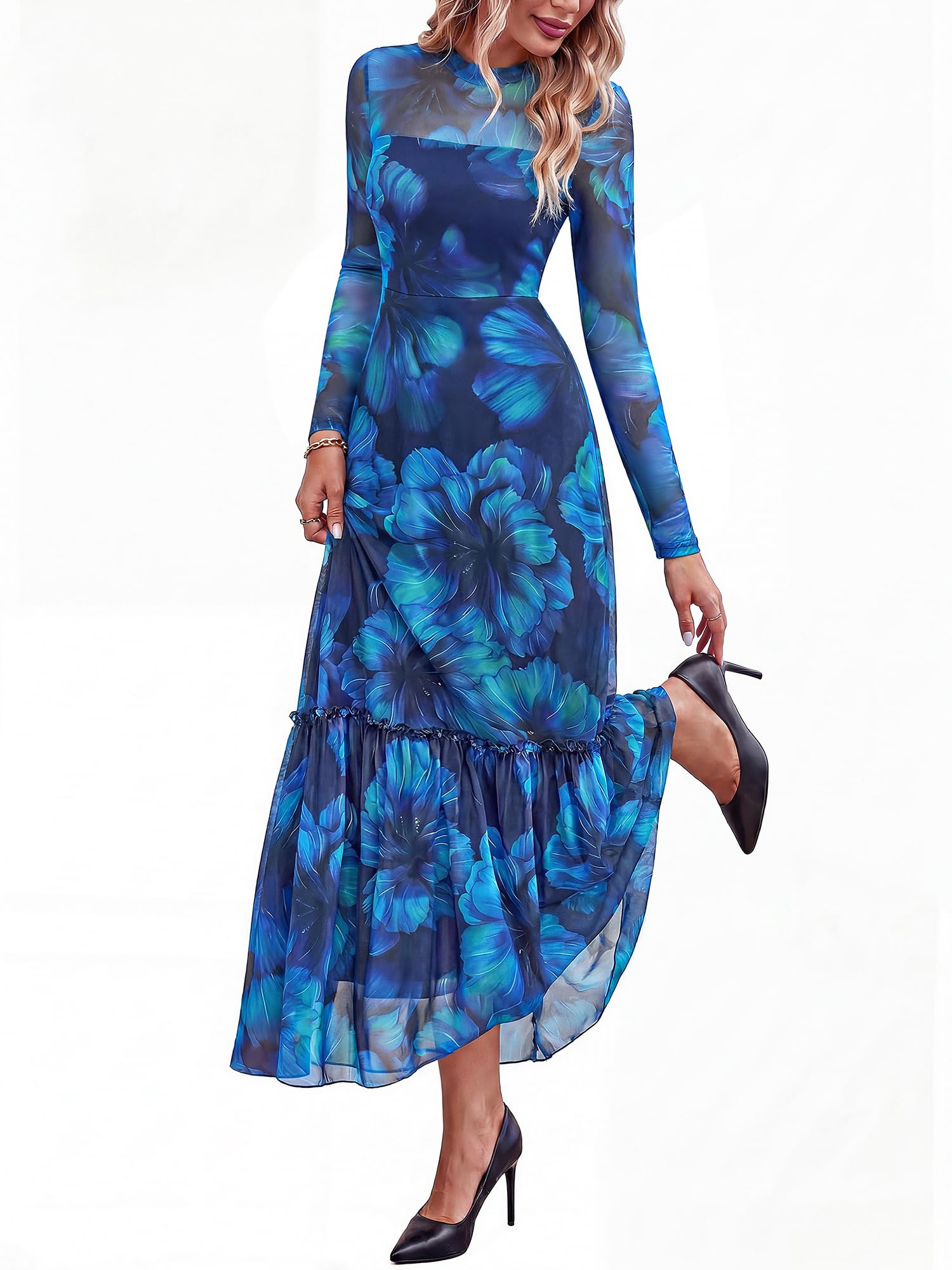 BTFBM Boho Mesh Long Sleeve Dress for Women | Mock Neck, Floral, A Line, Tiered, Graduation, Wedding, Cocktail Maxi Dresses, Fall Fashion, Resort Wear
