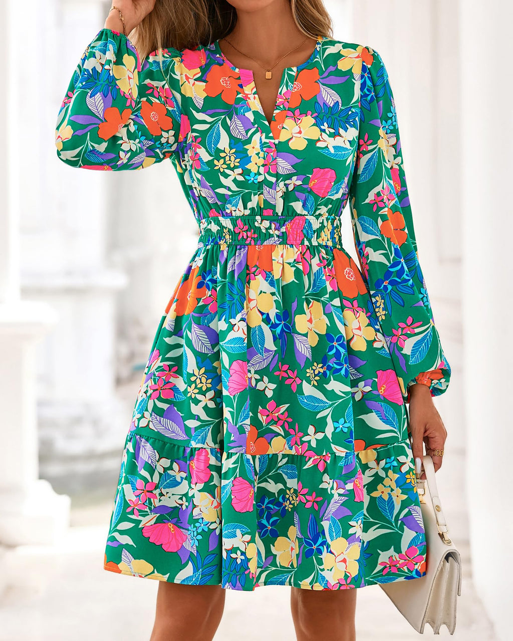 BTFBM Spring Dresses for Women Mini Long Sleeve Elastic Waist Summer Vacation Outfits Floral Wedding Guest Dress