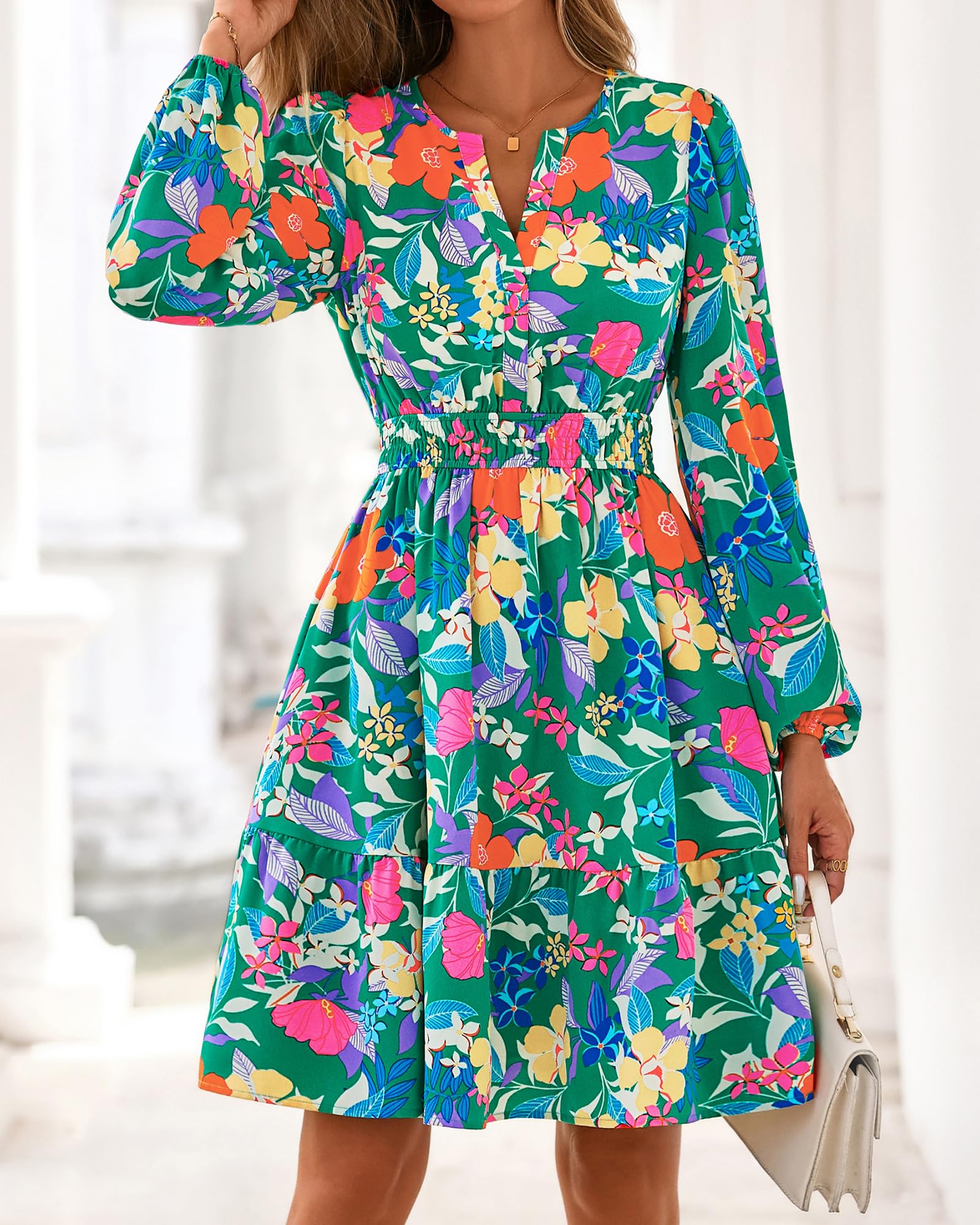 BTFBM Spring Dresses for Women Mini Long Sleeve Elastic Waist Summer Vacation Outfits Floral Wedding Guest Dress