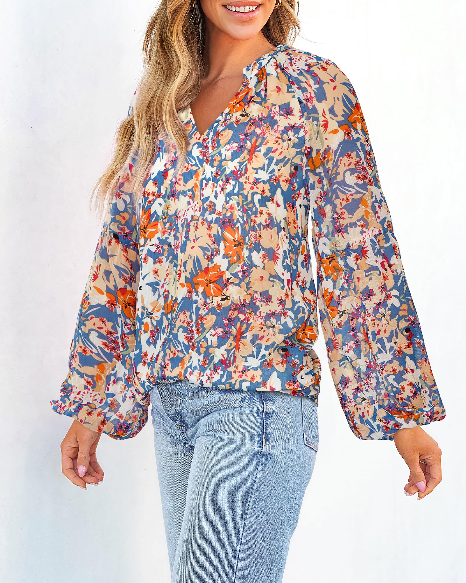 BTFBM Blouses for Women Dressy Casual Floral Summer Boho Tops V Neck Lightweight Long Sleeve Shirts Spring Clothes
