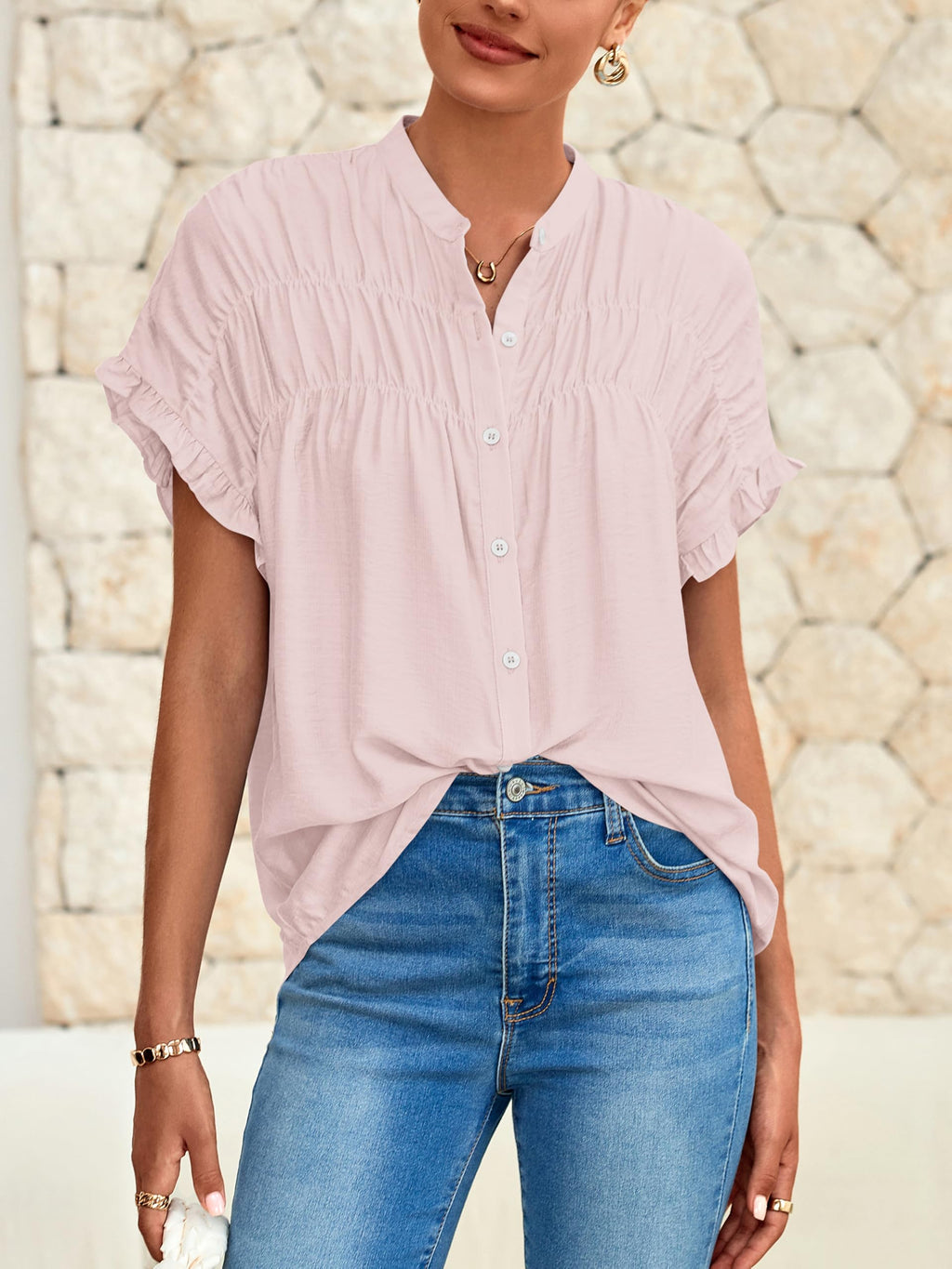 FreshPretty Womens Button Down Shirts Ruffle Short Sleeve Loose Summer Tops Dressy Casual V Neck Business Work Blouses