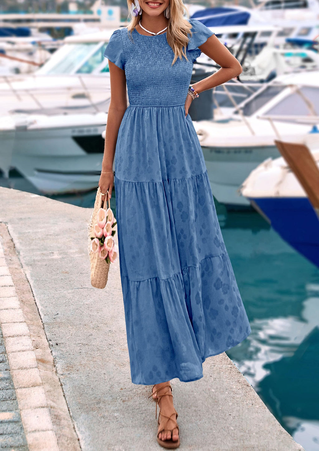 PRETTYGARDEN Wedding Guest Dresses for Women Summer Floral Cap Sleeve Smocked A Line Long Elegant Party Boho Dress