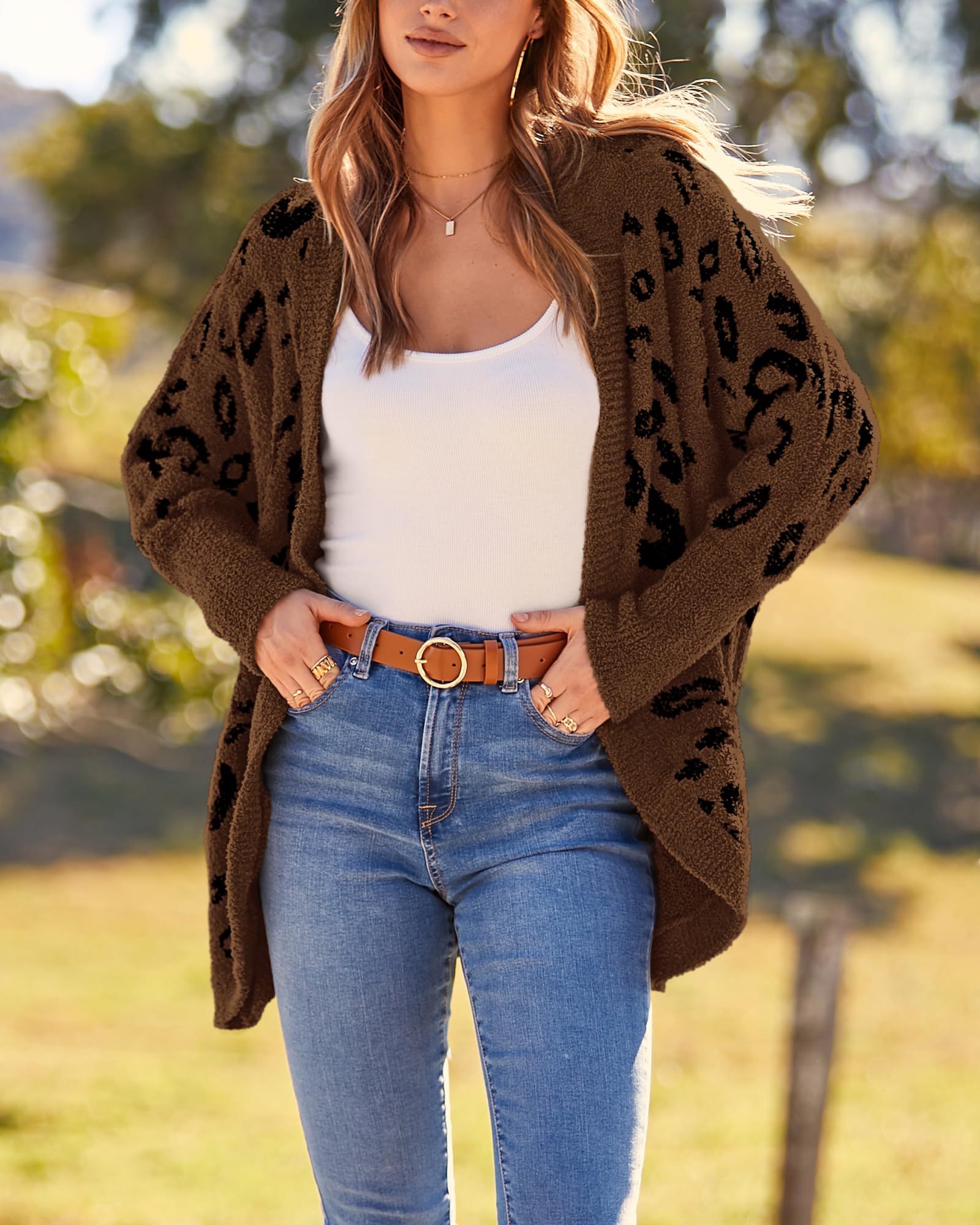 FreshPretty Leopard Cardigan for Women Long Sleeve Open Front Cardigans Sweaters Pockets Loose Knit Fall Winter Outwear