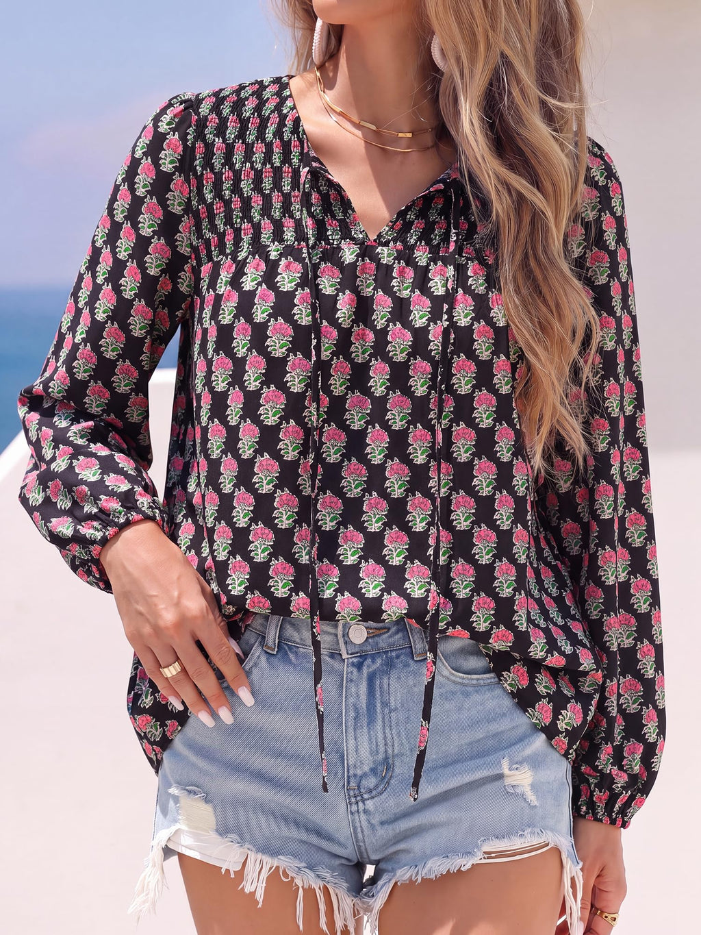 FreshPretty Boho Tops for Women Trendy Fall V Neck Floral Peasant Blouse,Lightweight Soft Puff Long Sleeve Shirts,Smocked Self-Tie Polka Dot Loose Work Blouses,Casual Daily Travel Vacation Outfits