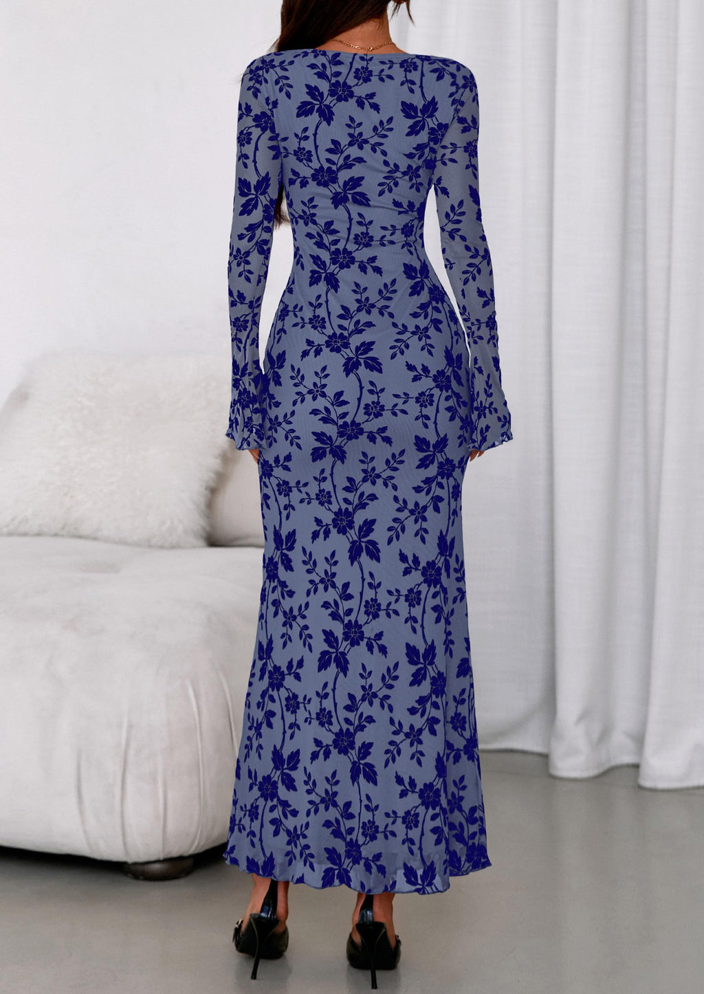 PRETTYGARDEN Women's Floral Bodycon Maxi Dress Fall Elegant Mesh Long Sleeve Formal Wedding Guest Cocktail Dresses