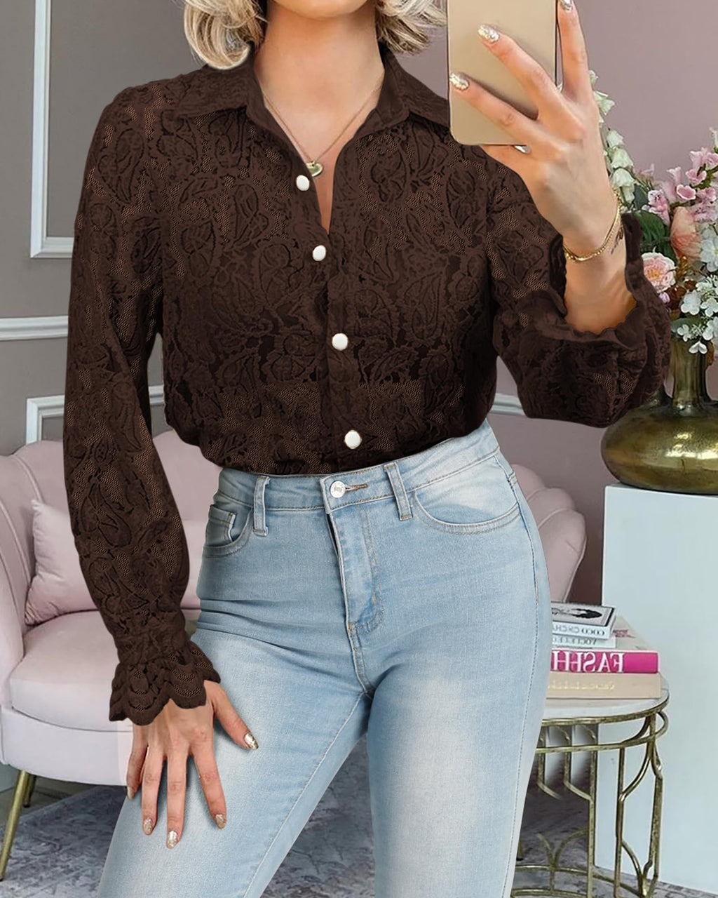 FreshPretty Long Sleeve Lace Blouses for Women Spring Dressy Casual Button Down Shirts Date Night Outfit Club Party Tops