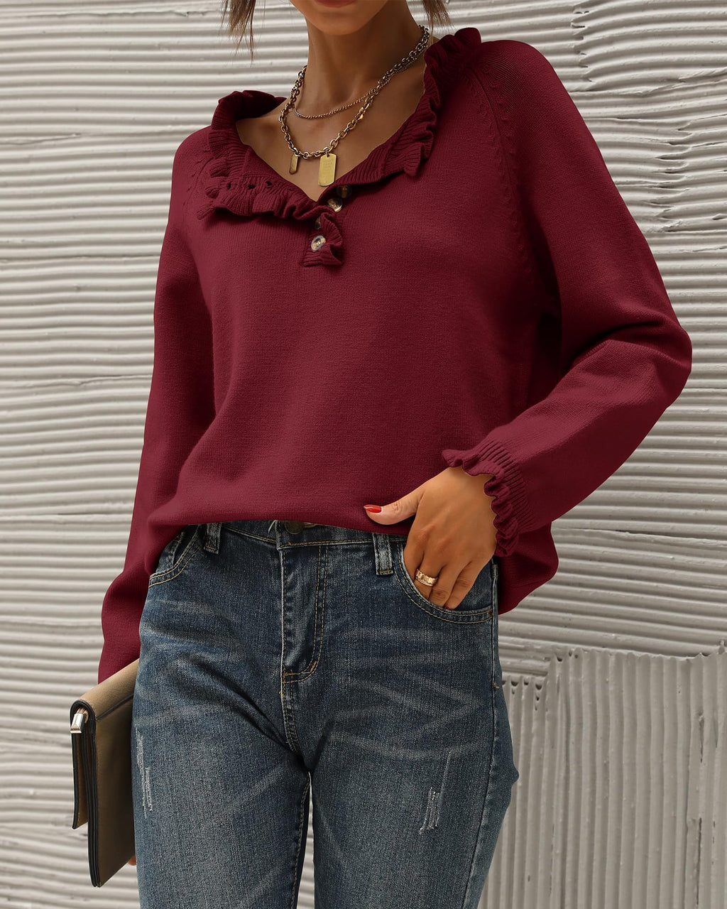 FreshPretty Womens Sweaters Fall Winter Clothes Long Sleeve Button Down Ruffle Crew Neck Casual Knitted Pullover Tops