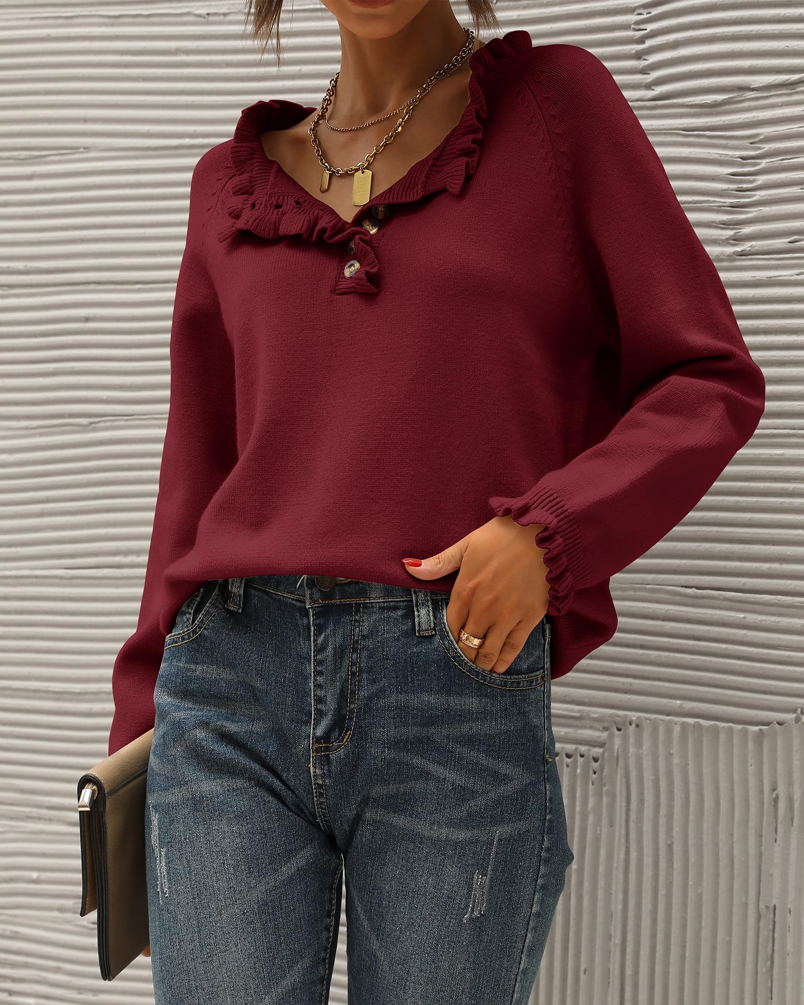 FreshPretty Womens Sweaters Fall Winter Clothes Long Sleeve Button Down Ruffle Crew Neck Casual Knitted Pullover Tops