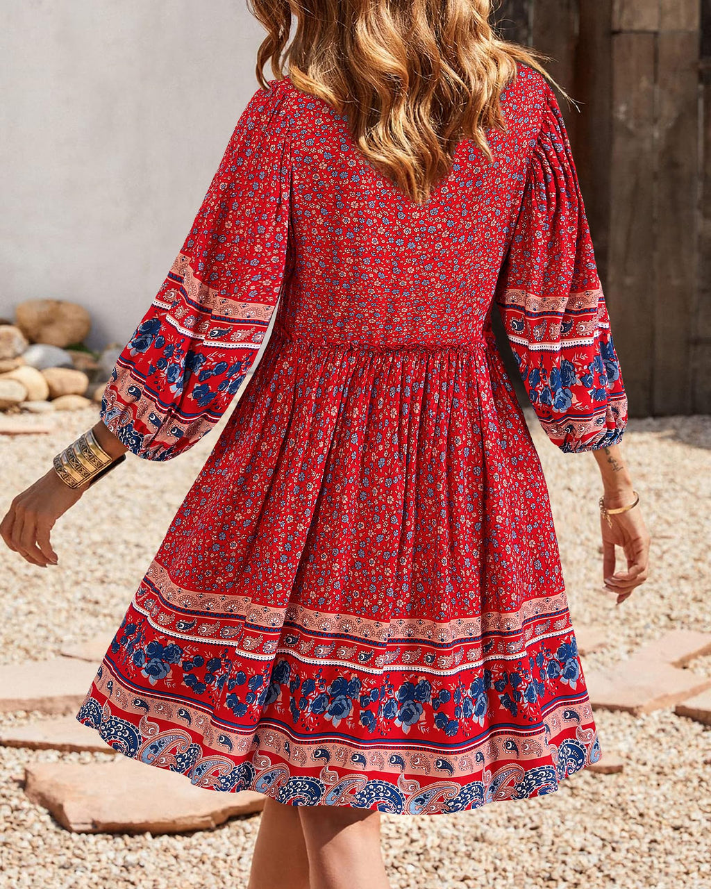 BTFBM Women Casual Spring Summer Dresses V Neck 3/4 Long Sleeve Ruffle Floral Flowy Boho Babydoll Mini Short Beach Dress
