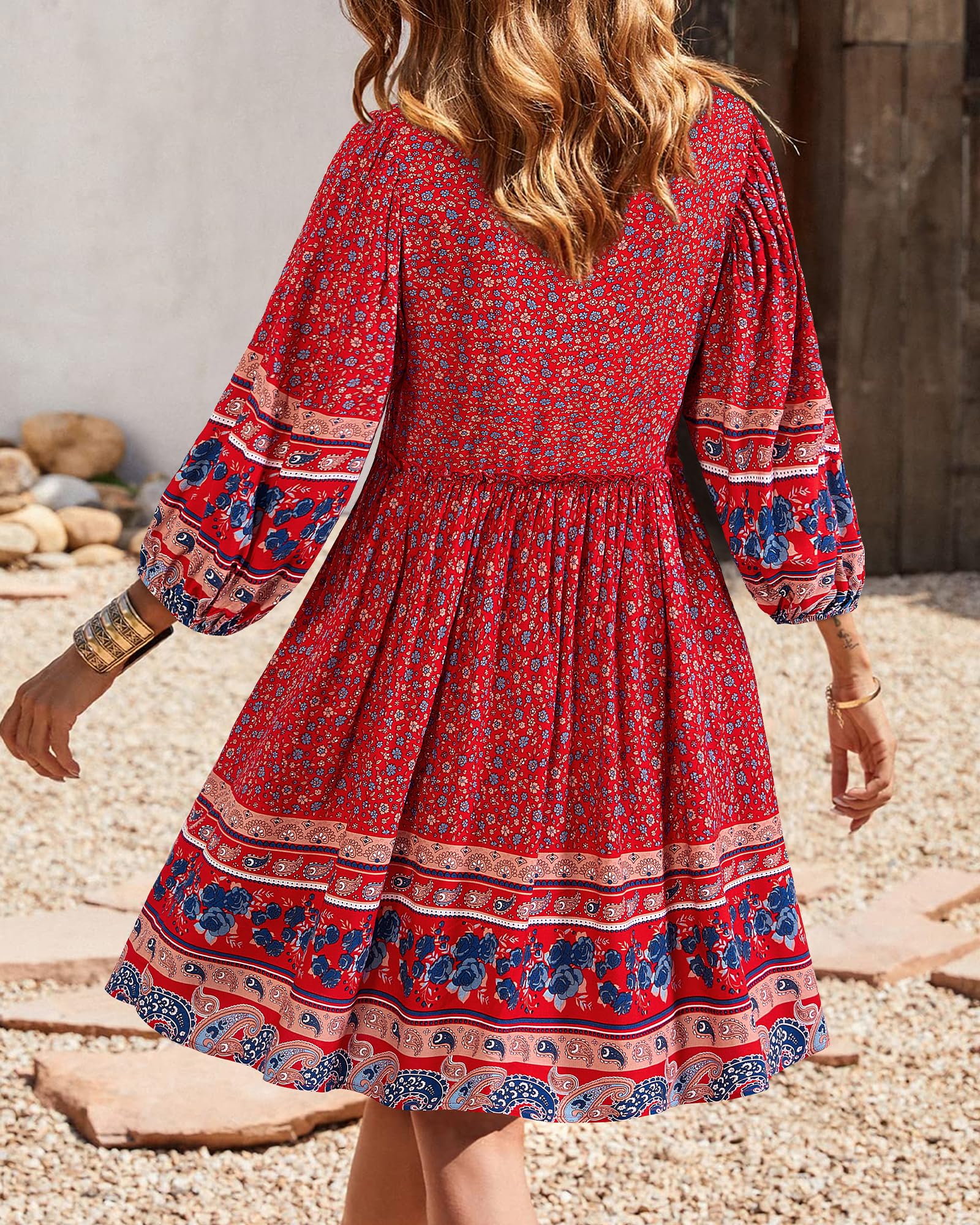 BTFBM Women Casual Spring Summer Dresses V Neck 3/4 Long Sleeve Ruffle Floral Flowy Boho Babydoll Mini Short Beach Dress