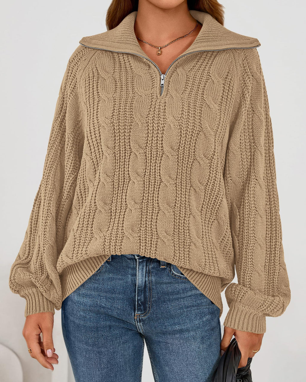BTFBM Sweaters for Women Fall Fashion Loose Quarter Zip Pullover Collared Long Sleeve Cable Knit Winter Clothes