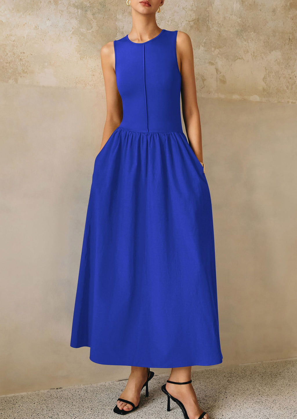 PRETTYGARDEN Maxi Dresses for Women Summer Casual Sleeveless Patchwork Flowy Vacation Sundress Knit Long Work Tank Dress