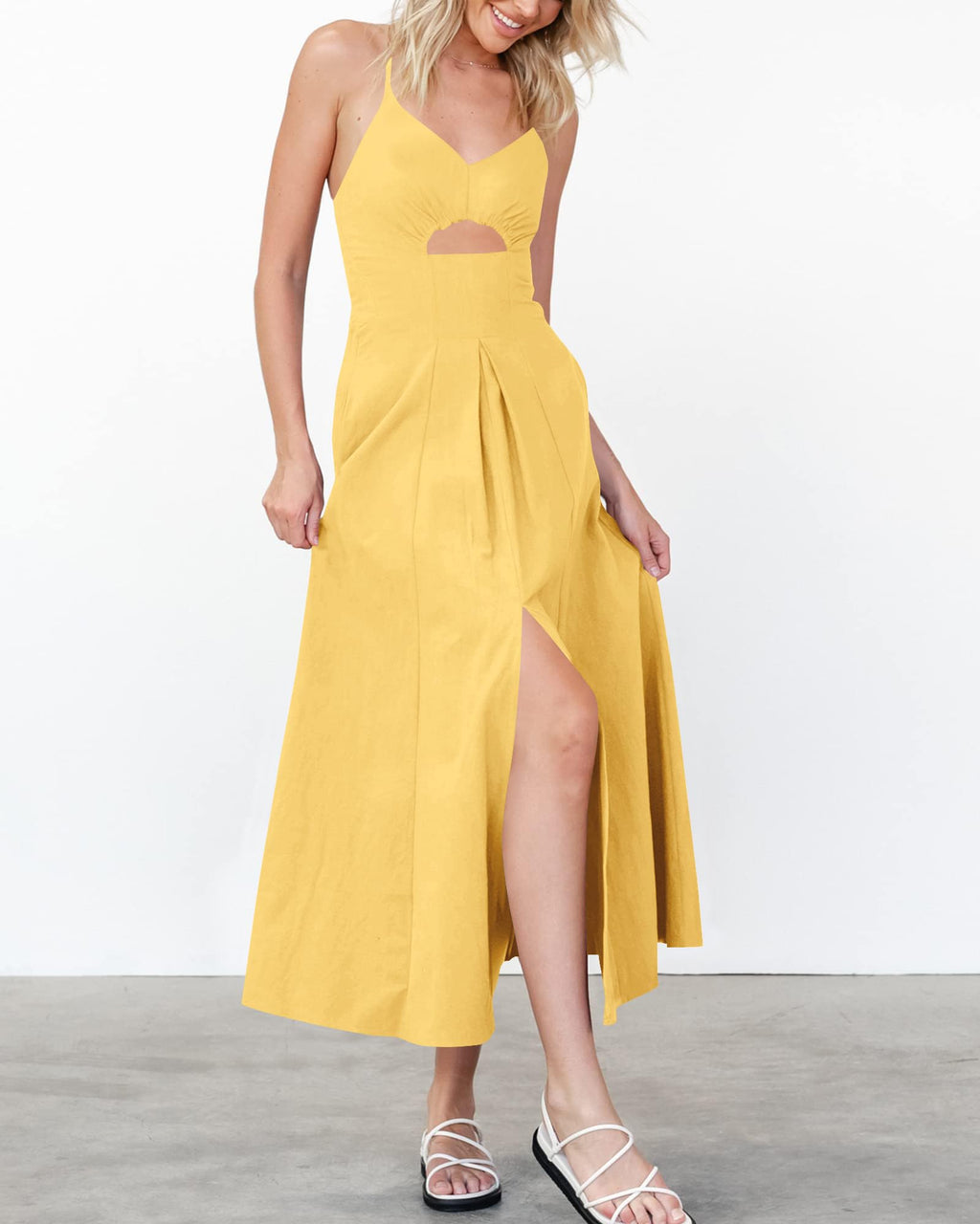 BTFBM Women Spaghetti Strap Midi Summer Dresses Sleeveless V Neck Cutout Slit Casual Beach Party Maxi Dress Pockets