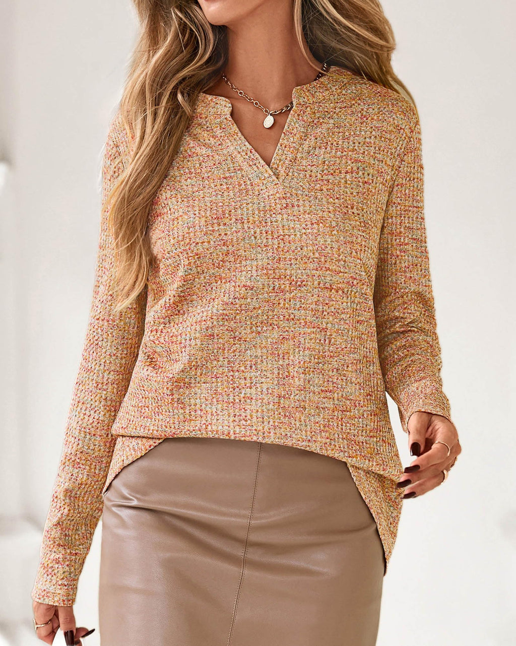 FreshPretty Waffle Knit Tops V Neck Long Sleeve Blouses for Women Dressy Casual Henley Work Shirts Spring Fall Clothes