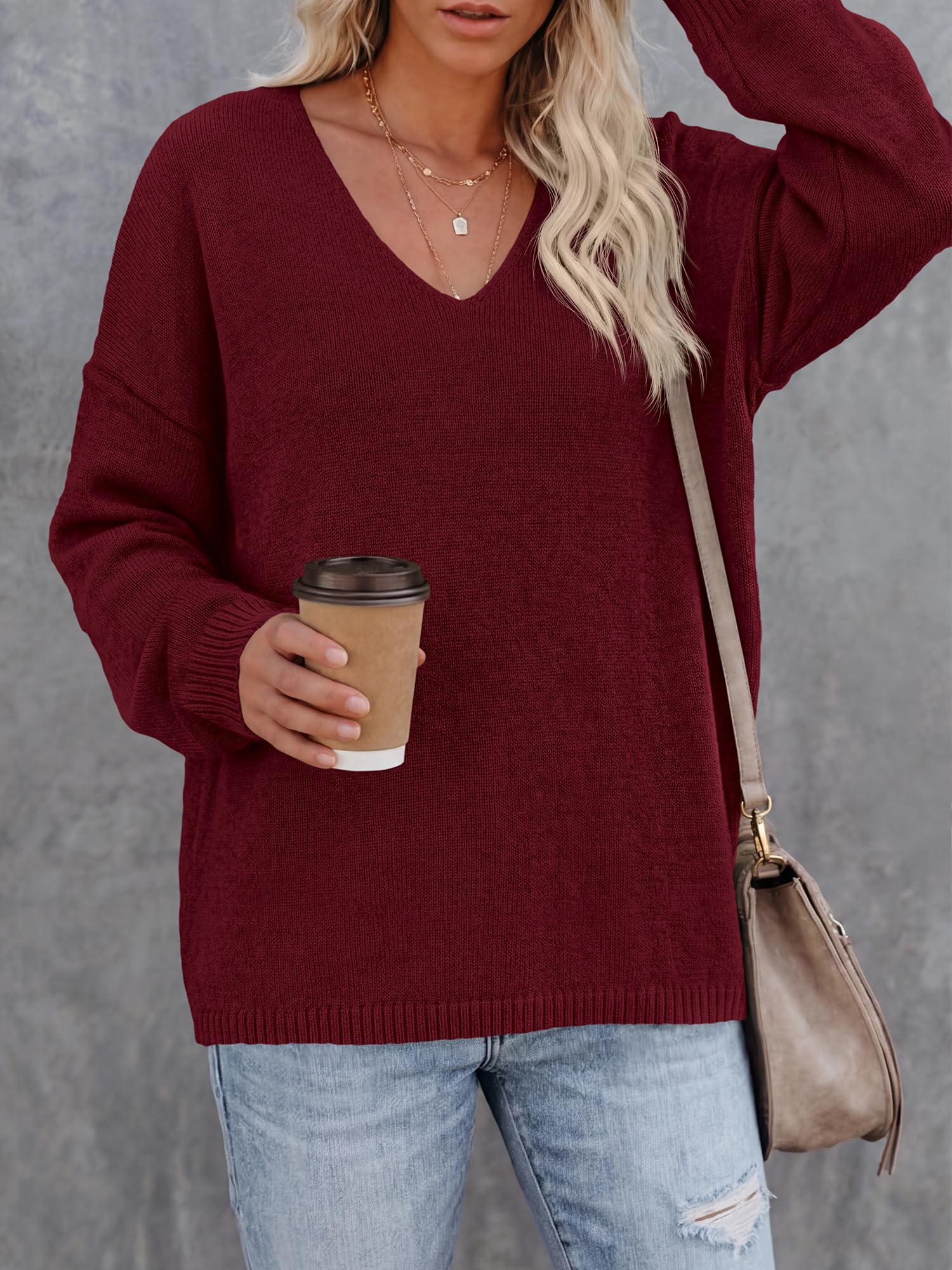 BTFBM Women's Loose Knitted Casual Sweaters | V Neck,Long Sleeve Sweater,Slouchy Pullover Tops,Fall Winter Clothes