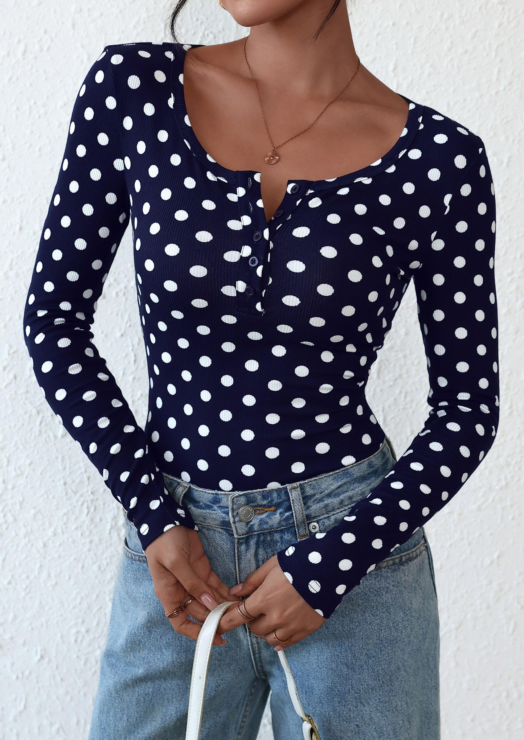 PRETTYGARDEN Women's Fall Long Sleeve Henley T Shirts Button Ribbed Knit Slim Fit Basic Tops Blouse Casual Outfits