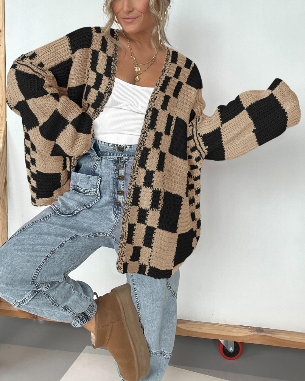 FreshPretty Casual Cardigan Sweater for Women Fall Long Sleeve Open Front Chunky Knit Sweaters Checkered Outwear Coat