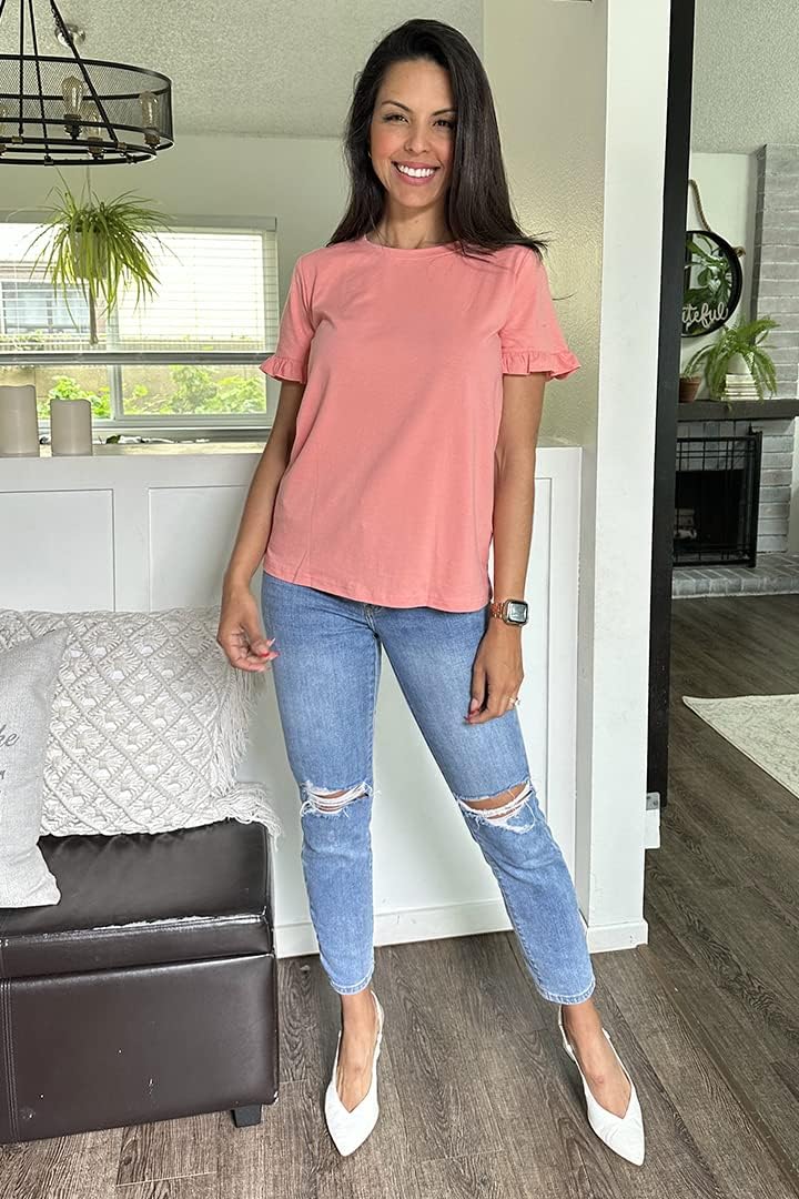 PRETTYGARDEN Women's Short Sleeve Casual T Shirts Summer Ruffle Plain Round Neck Loose Fit Tee Blouse Tops
