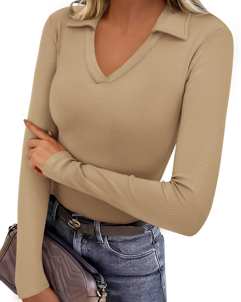 FreshPretty Polo Shirts for Women Long Sleeve Business Casual Tops Spring Fall Ribbed Knit Collared V Neck Slim Work Blouses