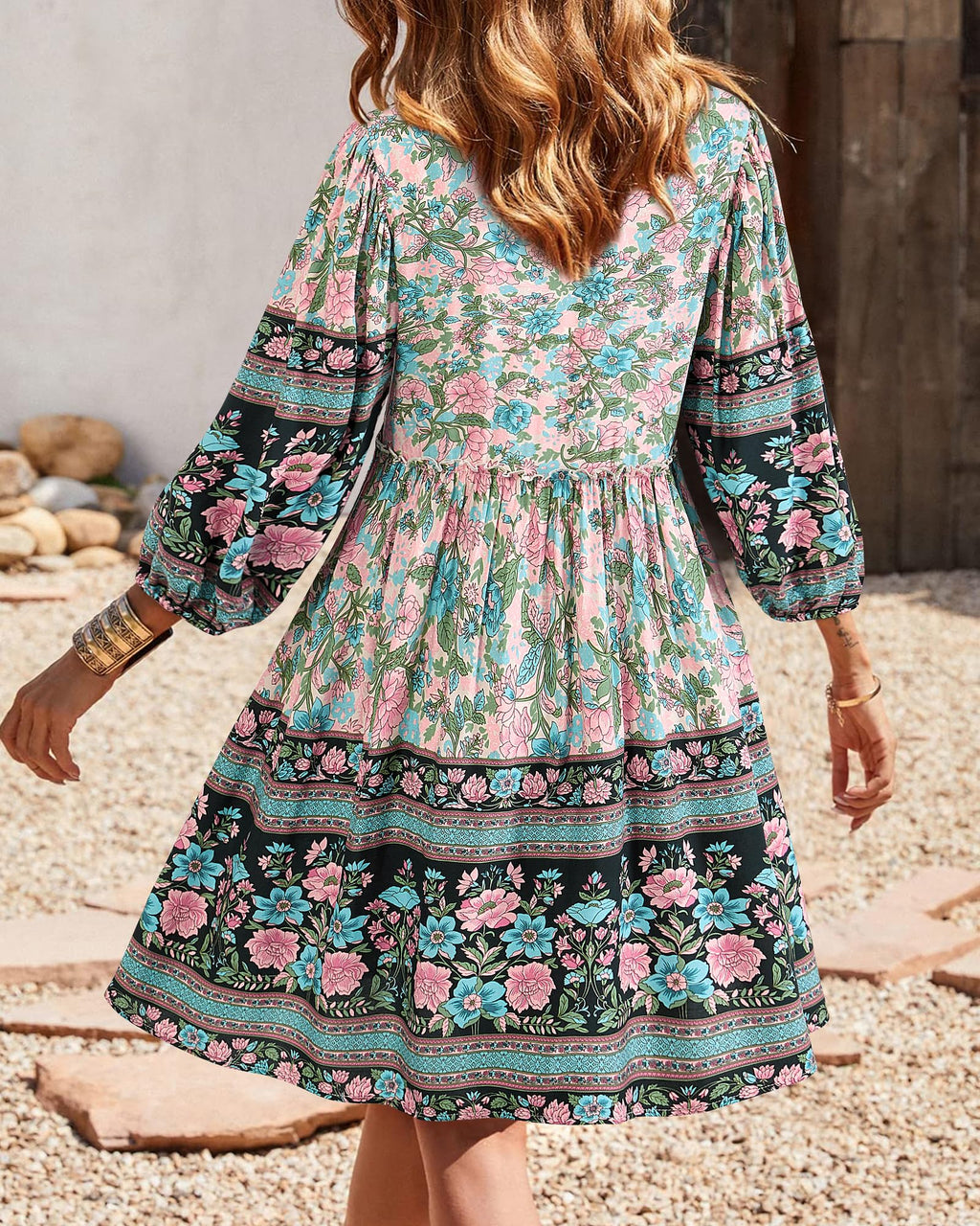 BTFBM Women Casual Spring Summer Dresses V Neck 3/4 Long Sleeve Ruffle Floral Flowy Boho Babydoll Mini Short Beach Dress