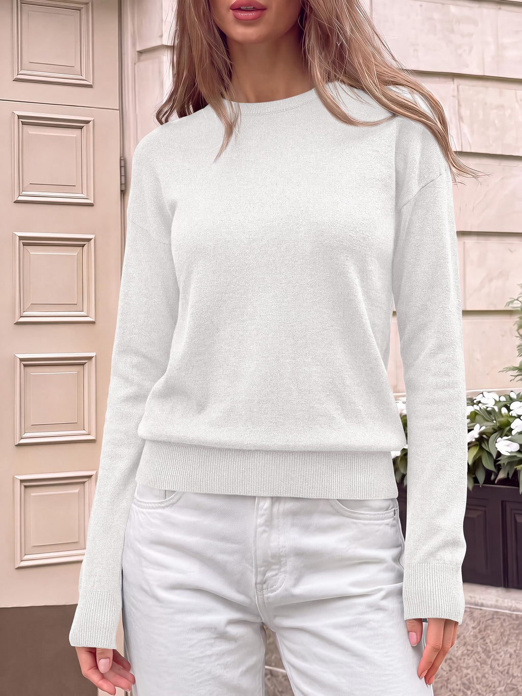 FreshPretty Sweaters for Women Fall Lightweight Loose Long Sleeve Tops,Soft Ribbed Knit Pullover Basic Sweater,Drop Shoulder Crewneck Business Casual Work Top,Daily Travel Outfits Winter Layering