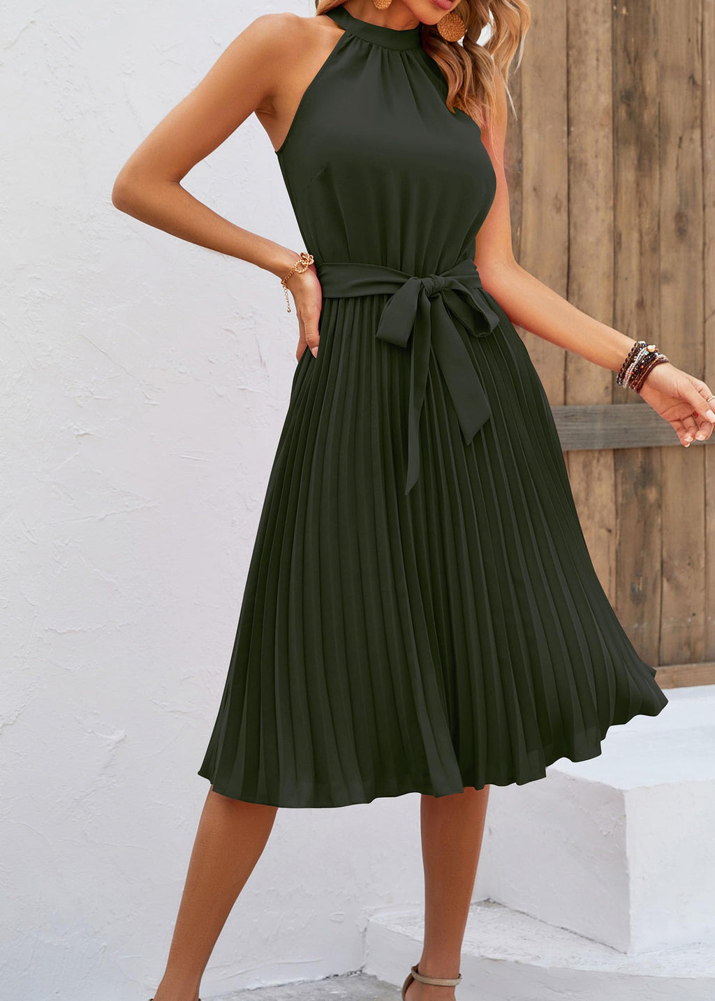 FreshPretty Women's Summer Sleeveless Halter Neck Pleated Midi Cocktail Dresses A Line Flowy Beach Sun Dress with Belt