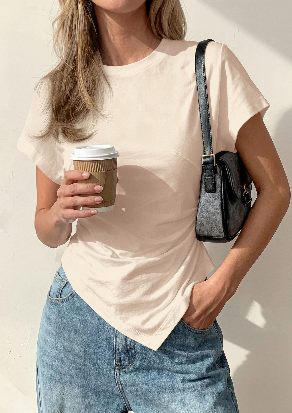 PRETTYGARDEN Womens Short Sleeve Crew Neck Trendy Shirts Spring Summer Y2K Going Out Tops Asymmetrical Ruched Blouse